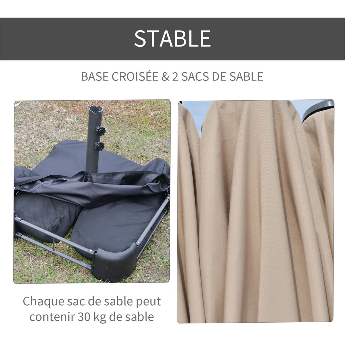 OUTSUNNY Parasol de jardin XXL dim. 4,6L x 2,7l x 2,4H m ouverture fermeture manivelle pied & contrepoids inclus acier polyester haute densité kaki