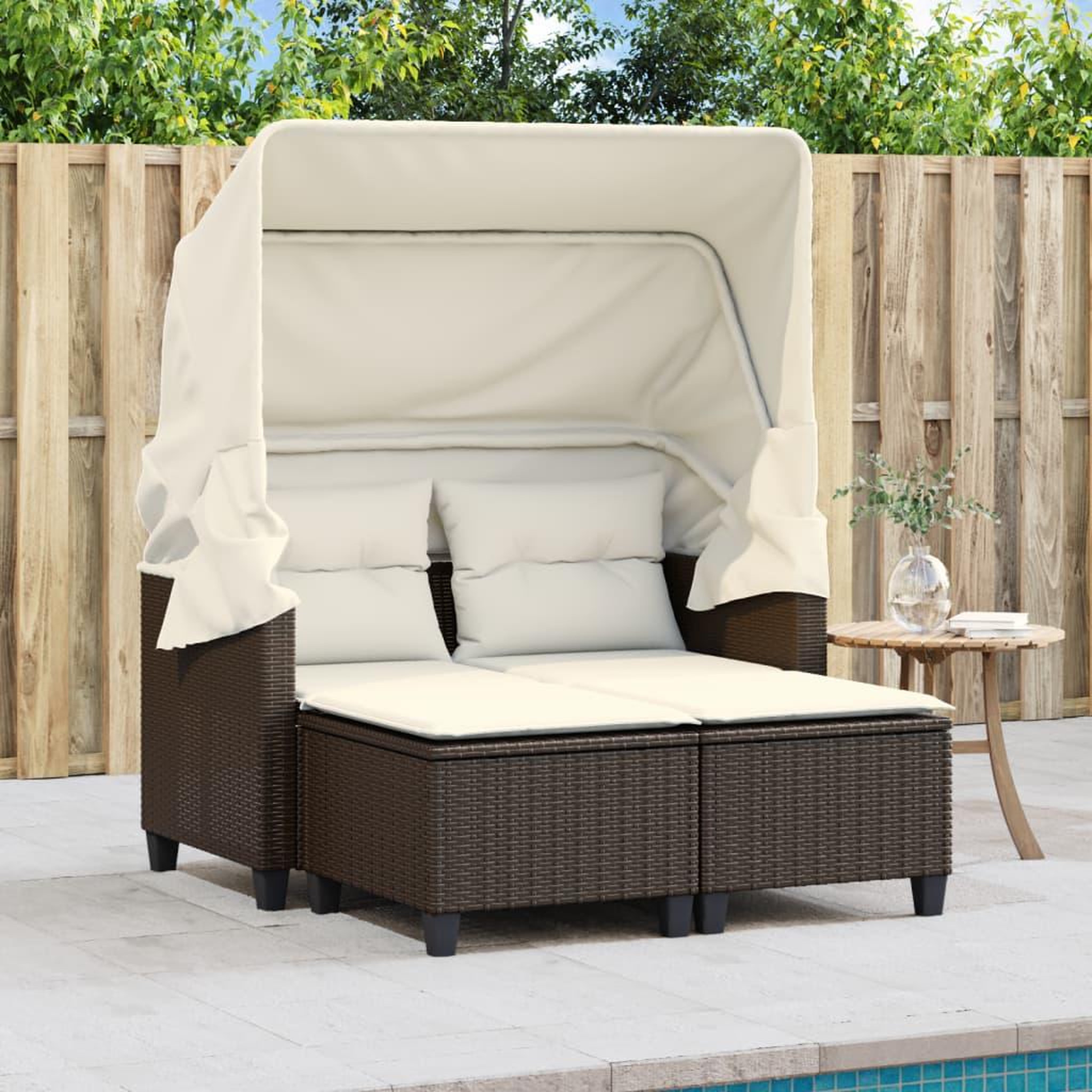 Voir la diapositive 3 : VIDAXL Canape de jardin 2 places avec auvent et tabourets marron rotin