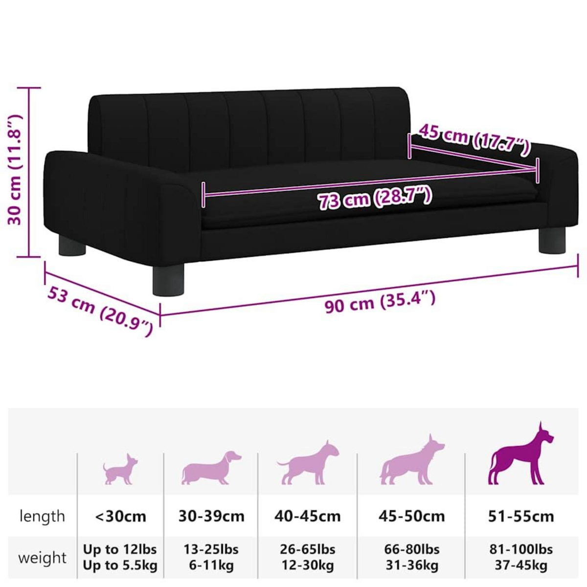 VIDAXL Lit pour chien noir 90x53x30 cm tissu