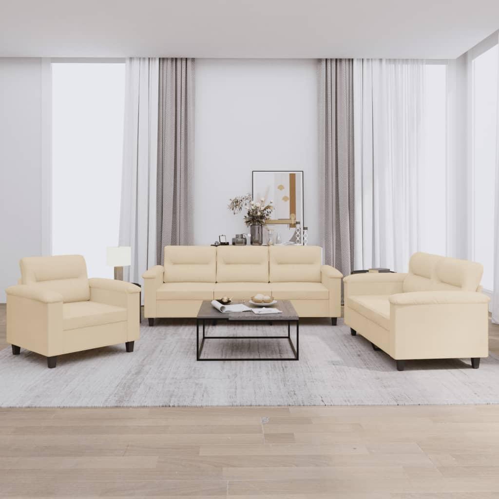 Voir la diapositive 1 : VIDAXL Ensemble de canapes 3 pcs avec coussins creme tissu microfibre
