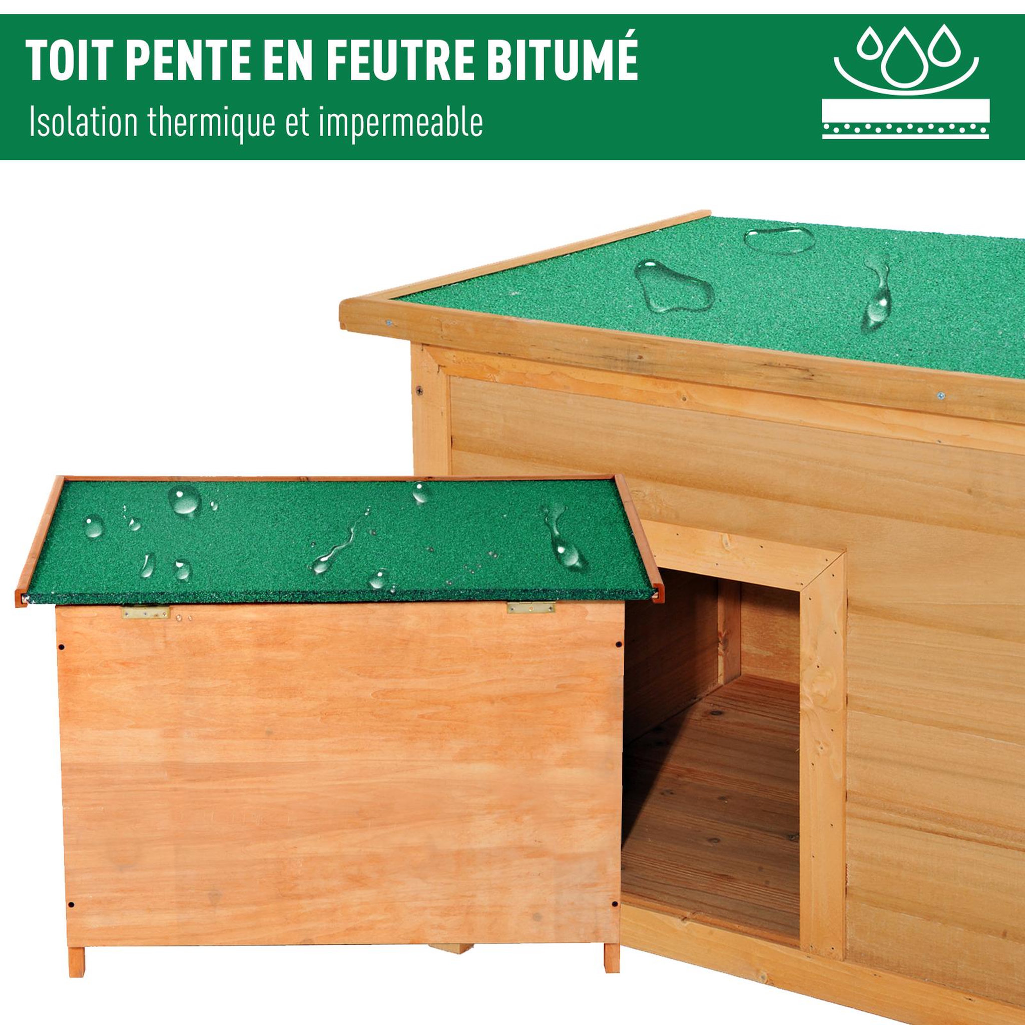 Voir la diapositive 4 : PAWHUT Niche chien sur pied dim. 85L x 58l x 58H cm - toit ouvrant bitumé vert - bois sapin pré-huilé