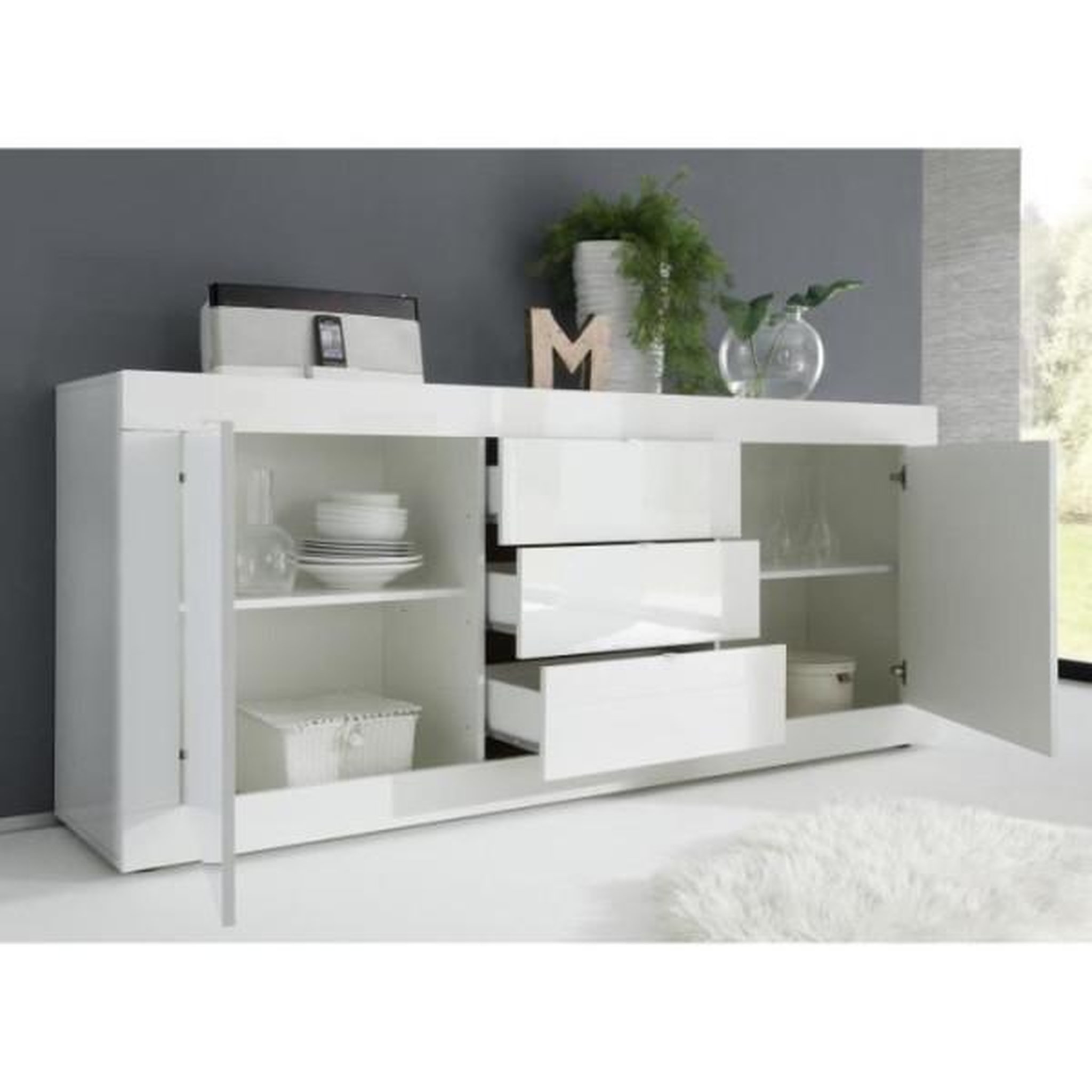 Voir la diapositive 3 : MARKET24 Ensemble séjour - meuble tv 180 cm + buffet 210 cm 2 portes 3 tiroirs - basico - blanc laqué