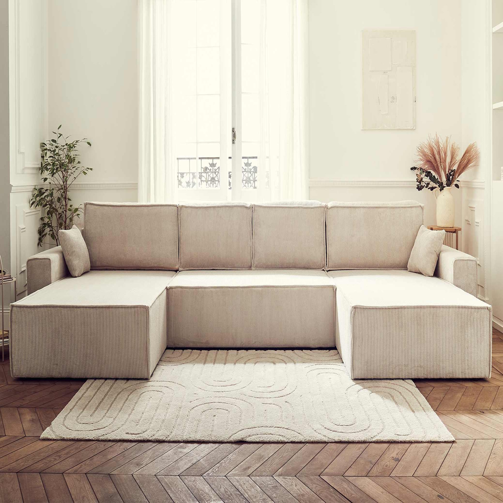 BEST MOBILIER Dellia - canapé panoramique en u - 7 places - convertible - avec coffre - en velours côtelé. Coloris disponibles : Gris, Marron, Vert, Orange, Beige, Bleu