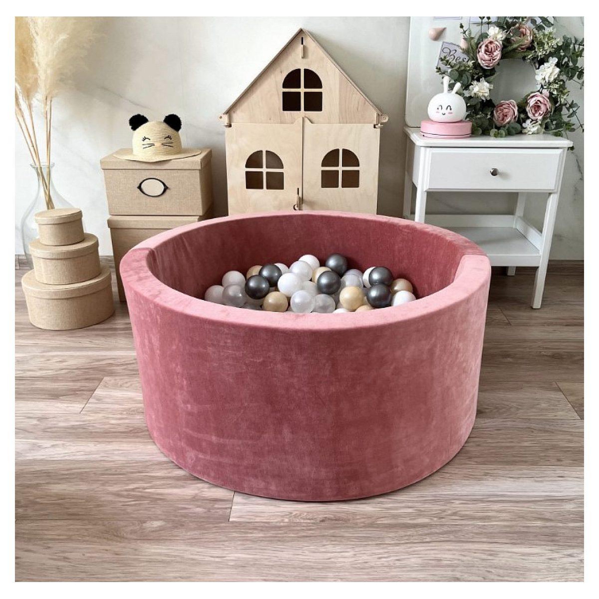 Voir la diapositive 2 : MONIO FOR KIDS Piscine à balles en velours 90 cm rose + 200 balles