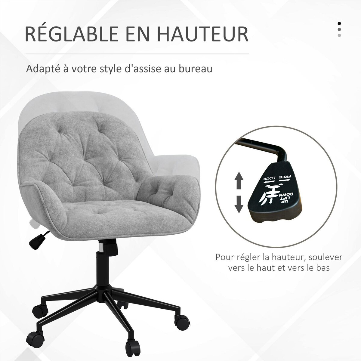 VINSETTO Chaise de bureau velours design Chesterfield effet capitonné piètement métal noir gris
