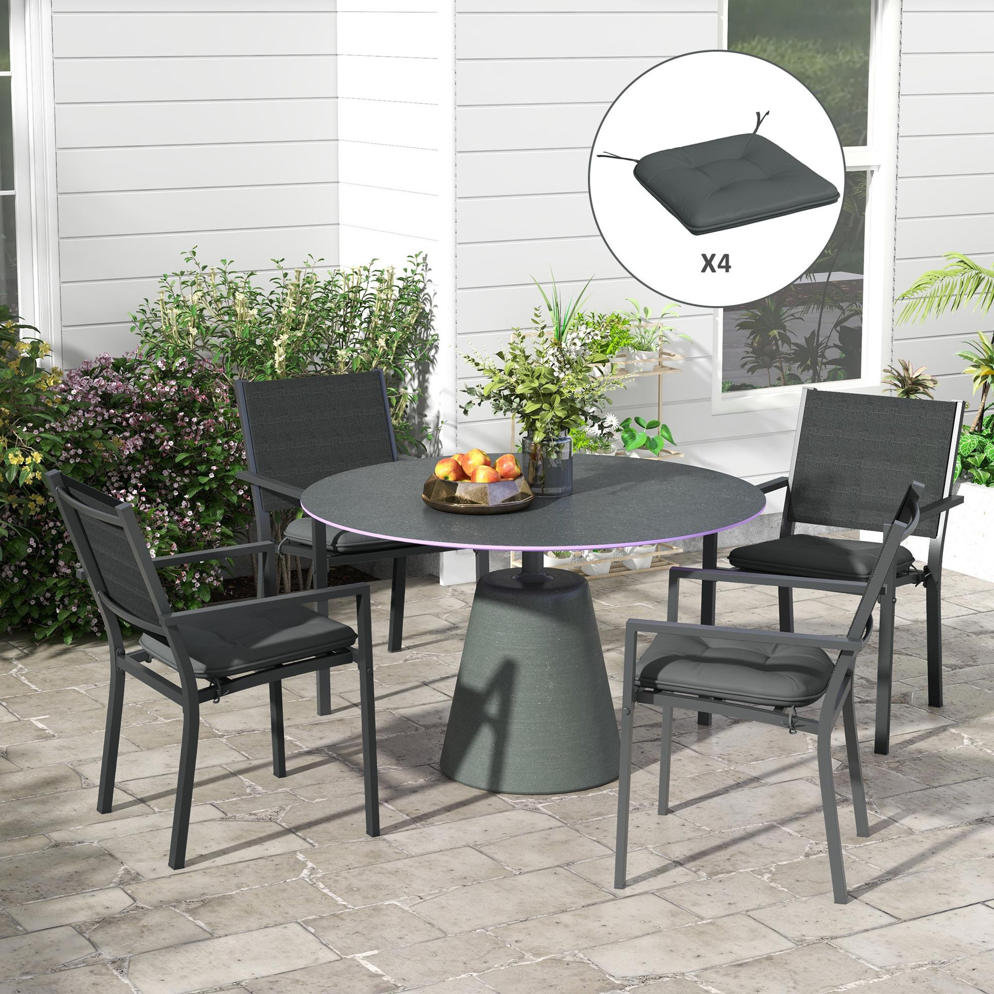 Voir la diapositive 2 : OUTSUNNY Lot de 4 coussins de chaises de jardin polyester gris foncé