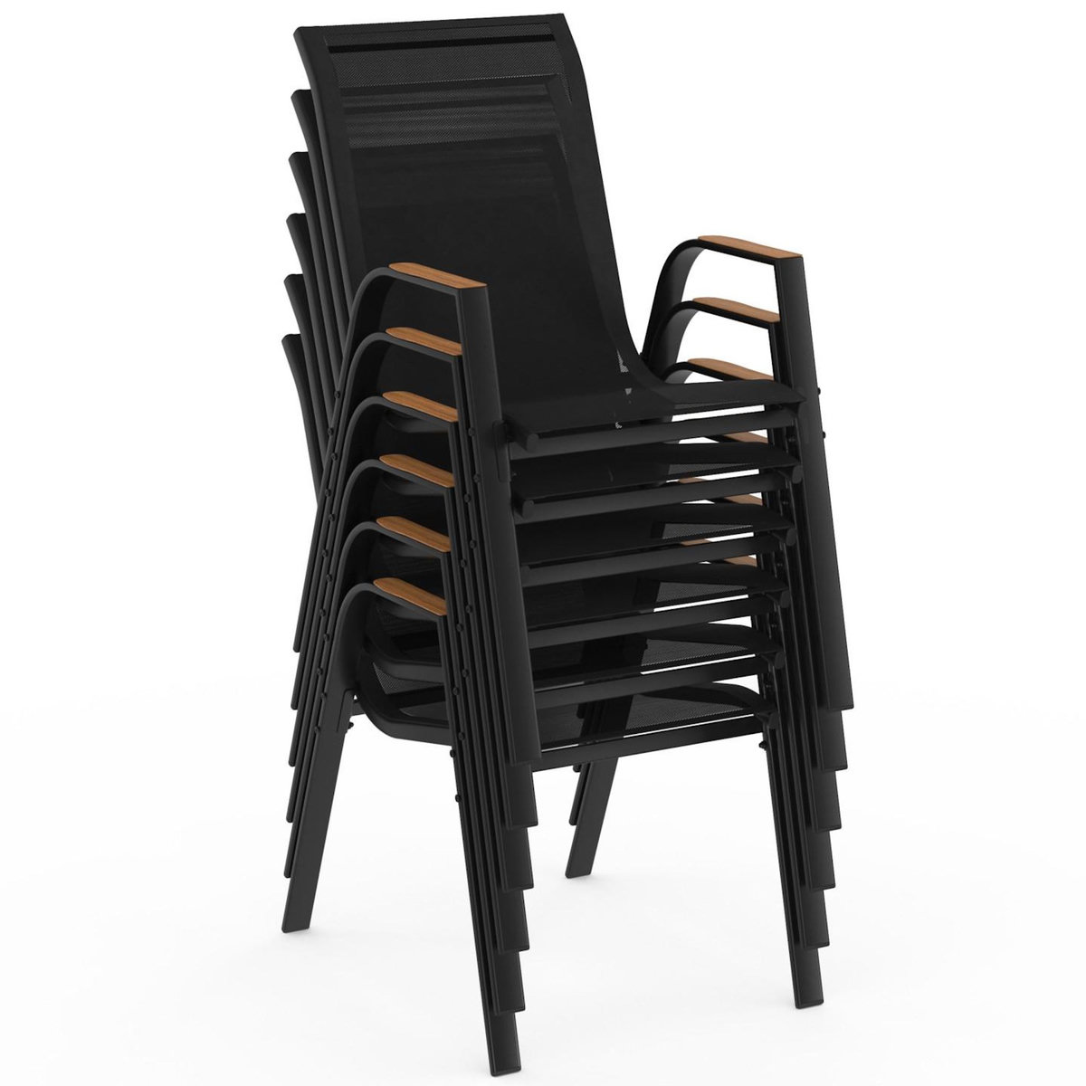 ID MARKET Salon de jardin NOUMEA table 240 cm plateau verre trempé effet bois et 10 chaises empilables noir et bois