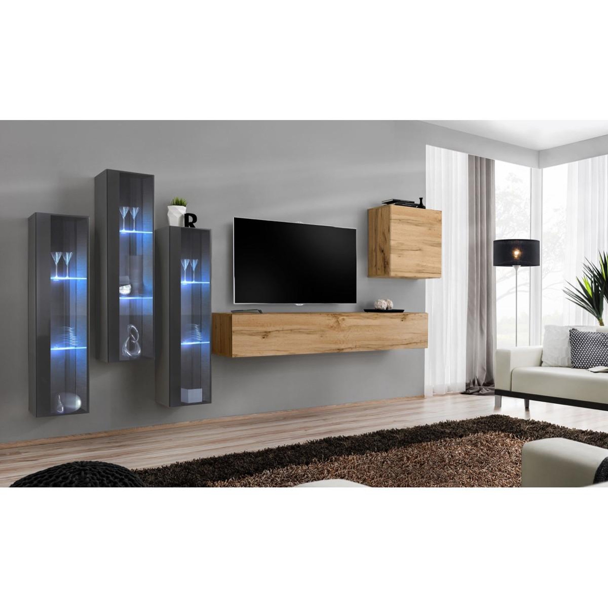Voir la diapositive 1 : Paris Prix Meuble tv mural design  switch xiii  330cm naturel & gris