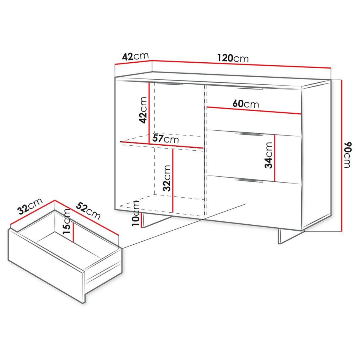 BEST MOBILIER Canterbury - buffet bas - beige - 3 tiroirs et 1 porte - 120 cm
