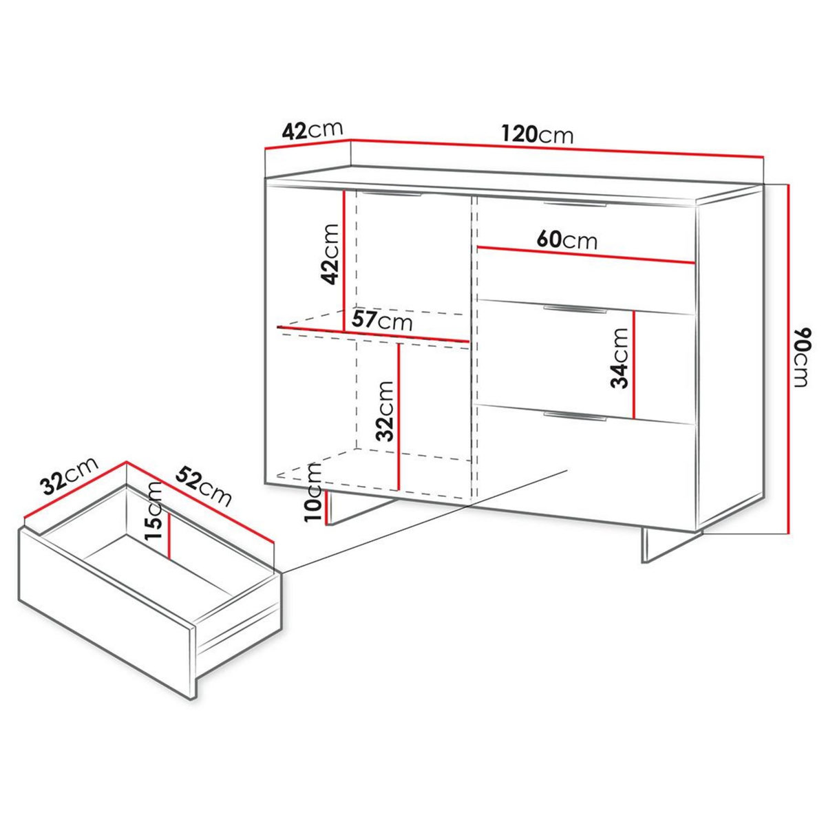 BEST MOBILIER Canterbury - buffet bas - beige - 3 tiroirs et 1 porte - 120 cm