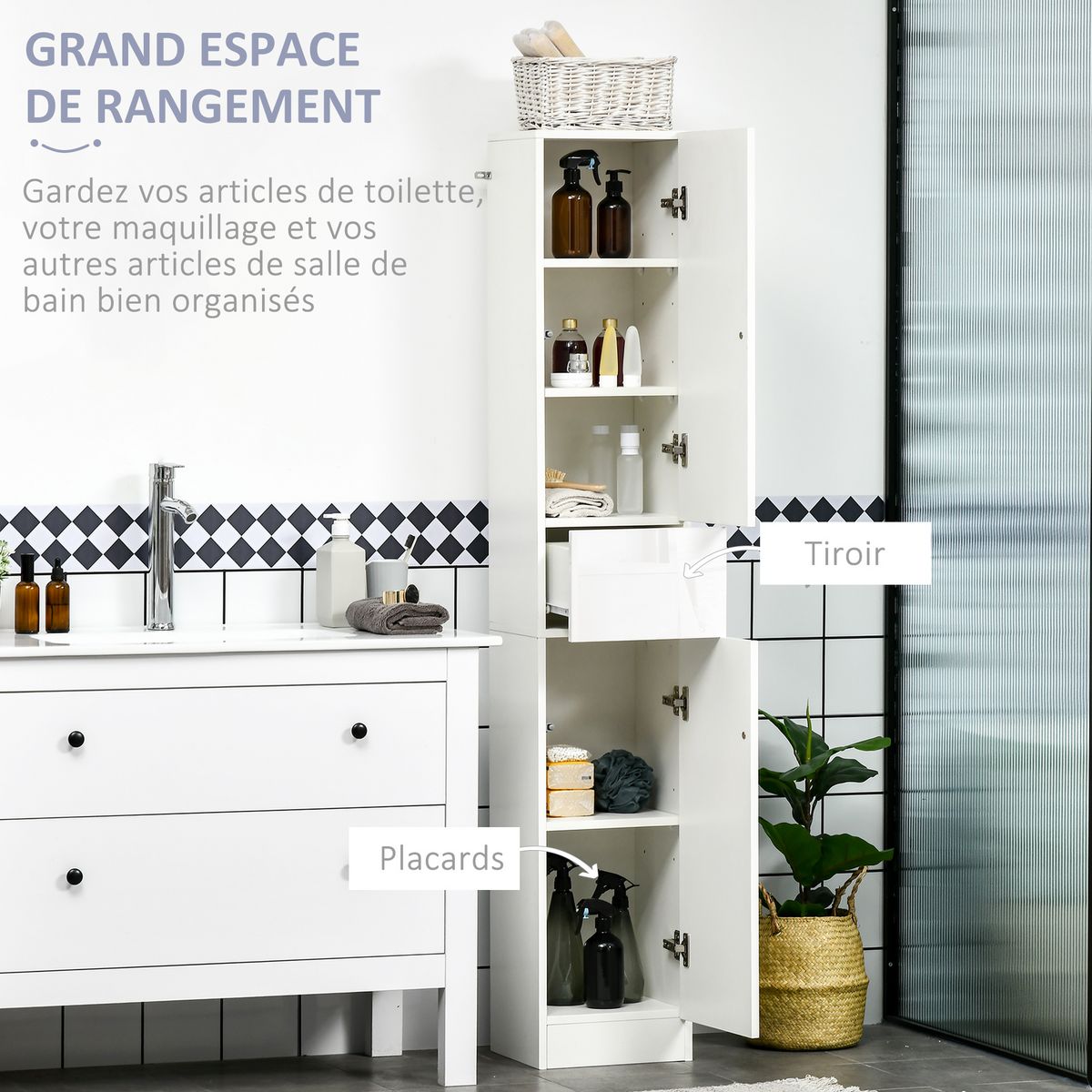 KLEANKIN Meuble colonne rangement salle de bain style contemporain façade laquée 2 portes 3 étagères tiroir panneaux MDF blanc