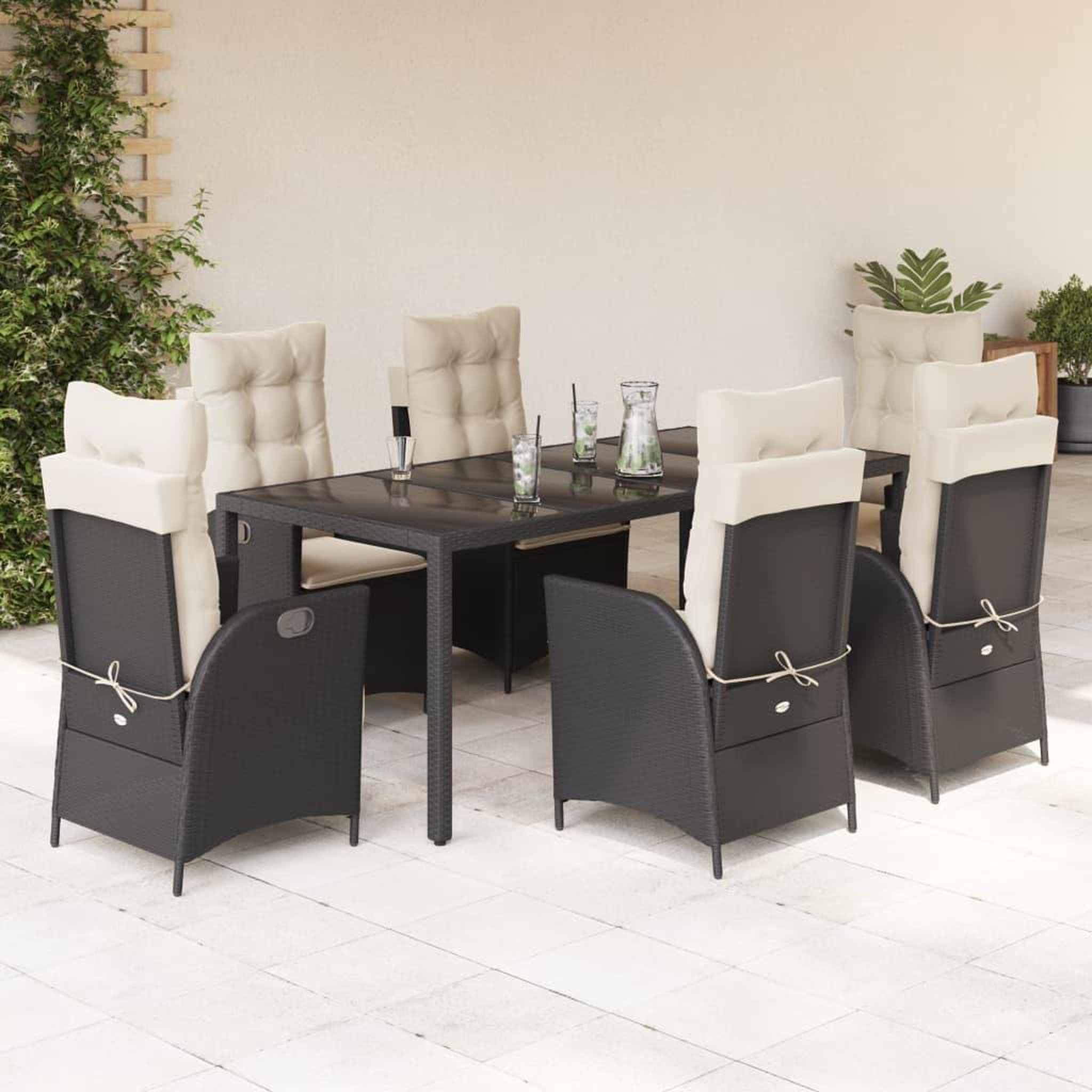 VIDAXL Ensemble a manger de jardin coussins 7pcs Noir Resine tressee