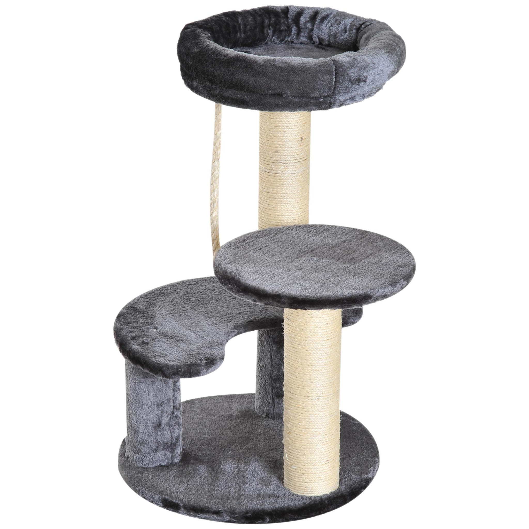 Voir la diapositive 5 : PAWHUT Arbre à chats 2 griffoirs grattoirs sisal naturel 3 plateformes corde à grimper dim. Ø 40 x 65h cm peluche haute densité 500 g/m² gris