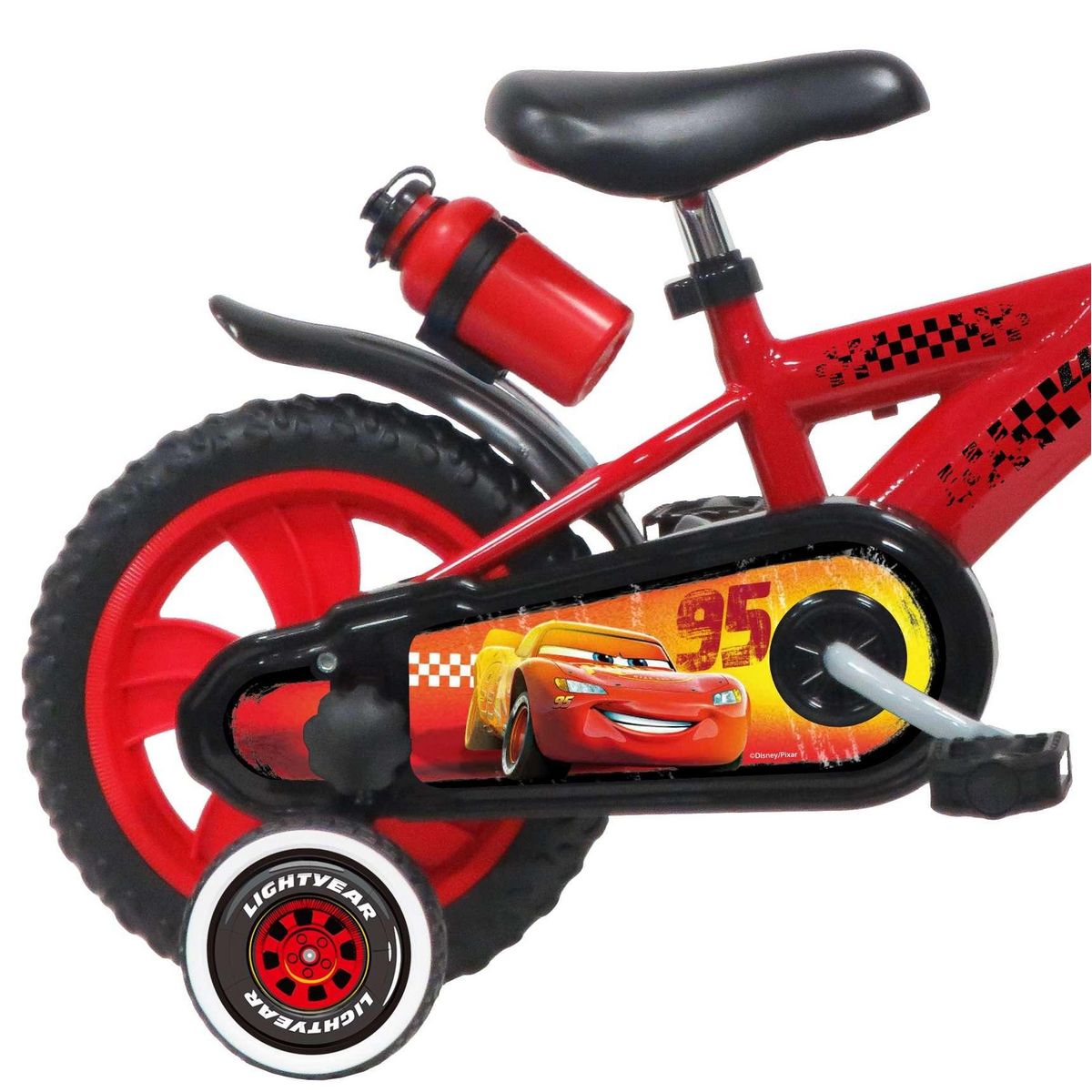 Disney Cars Vélo enfant - Modèle 12'' Cars pour enfant de 85/100 cm avec stabilisateurs - Plaque décorative avant - Porte bidon - 1 frein et roues batons