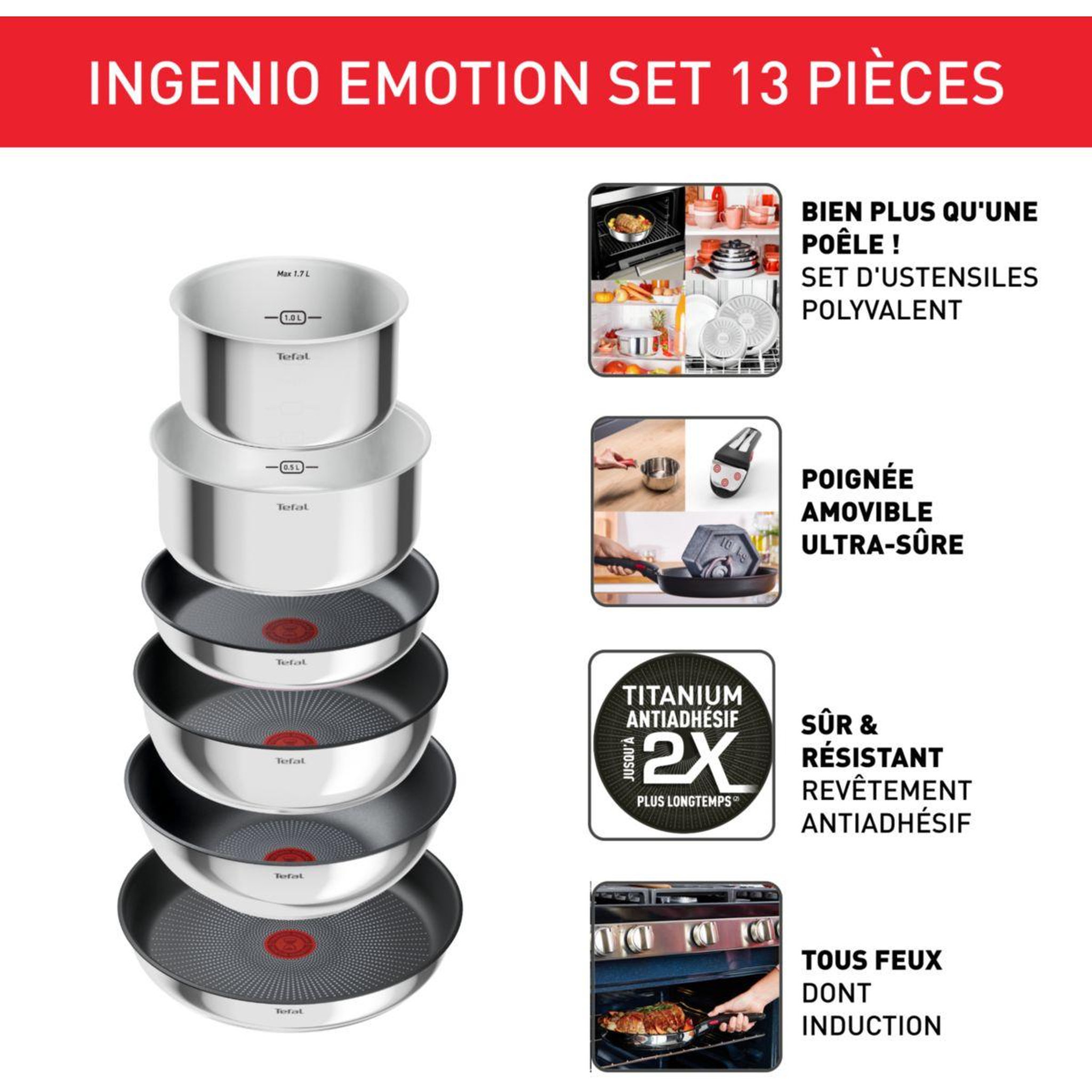 Voir la diapositive 2 : TEFAL Batterie de cuisine Ingenio Emotion 13pcs