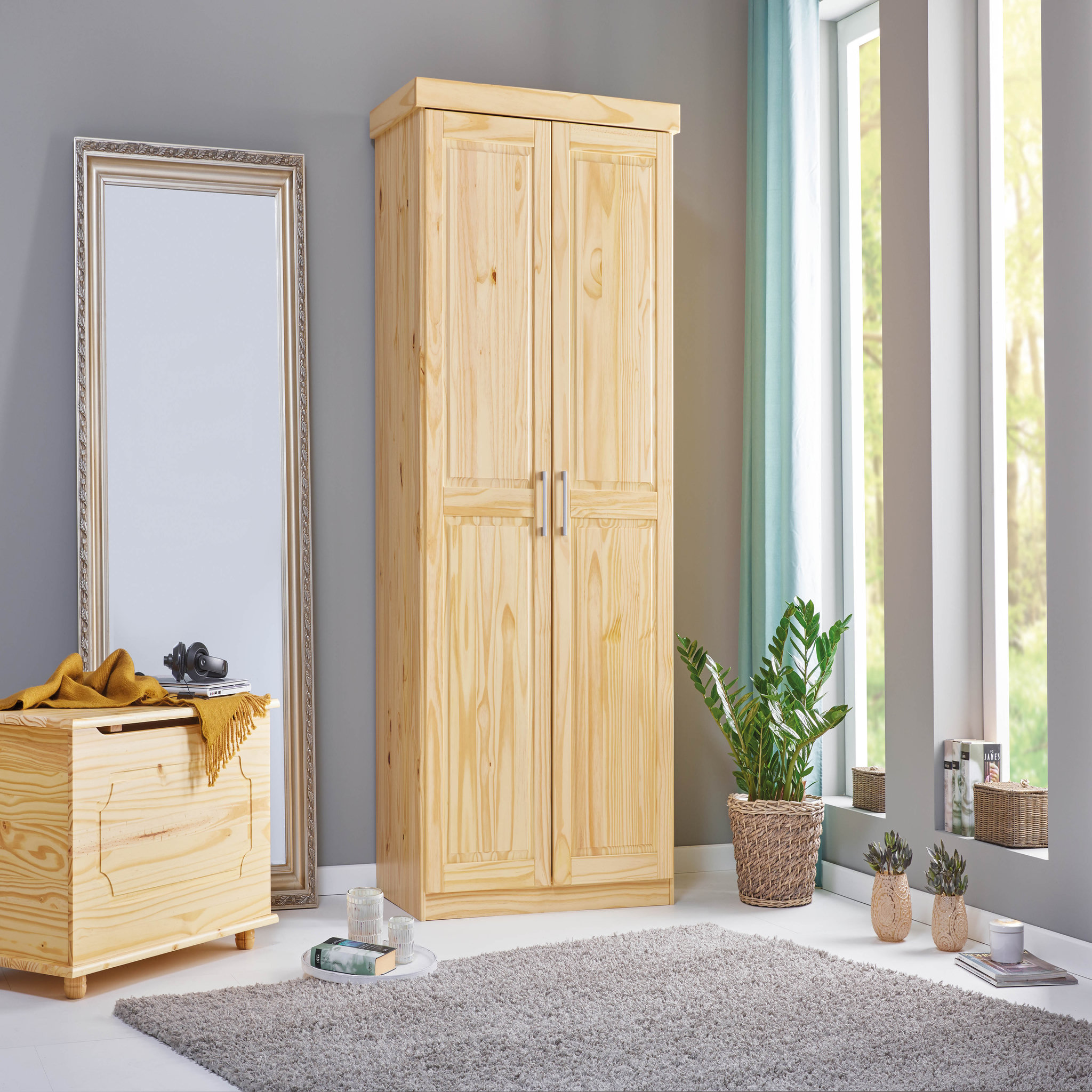 Voir la diapositive 7 :  Armoire de chambre 2 portes avec penderie pin massif naturel ULLI