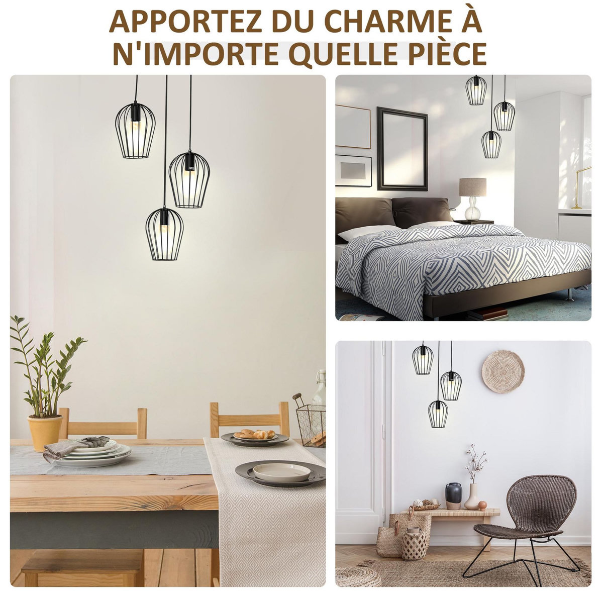 HOMCOM Lustre suspension style industriel 3 lampes 40 W 230 V hauteur réglable dim. 38L x 38l x 145H cm métal filaire noir