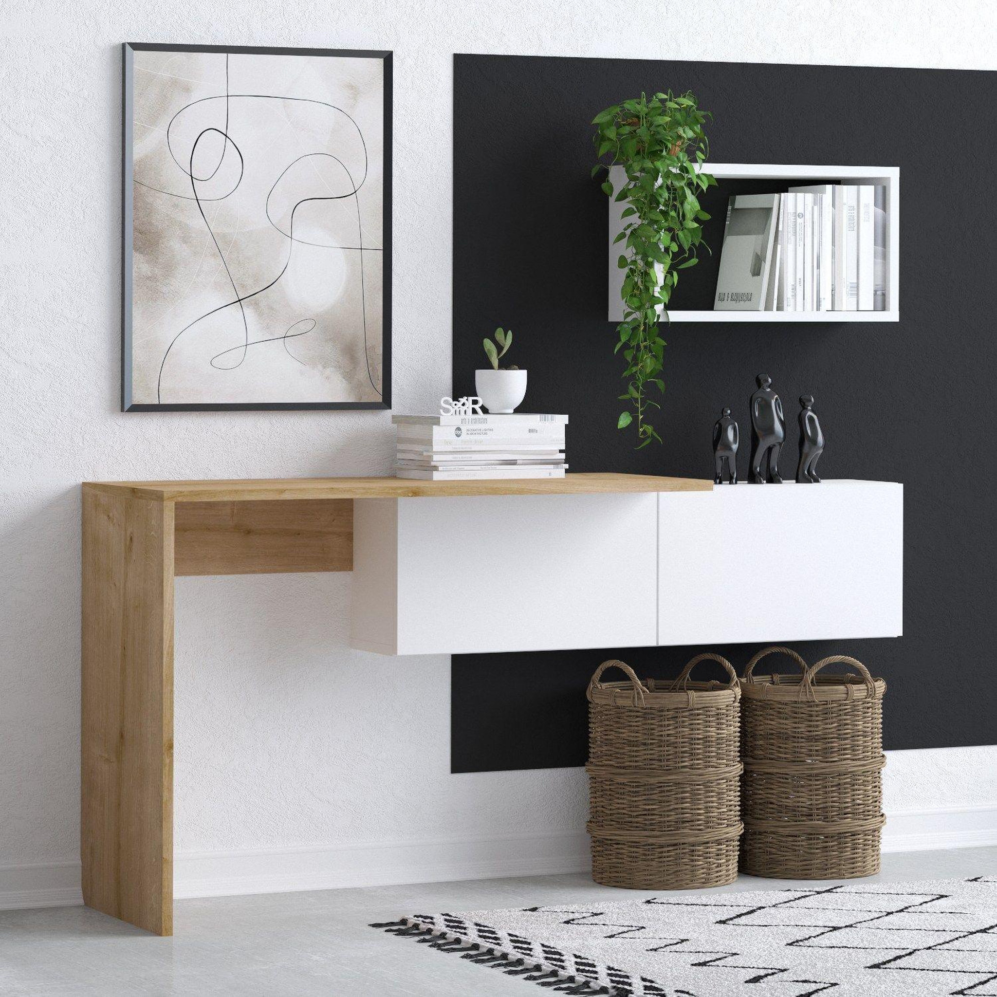 Voir la diapositive 5 : TOILINUX Bureau design asymétrique avec rangement mural tulum - beige