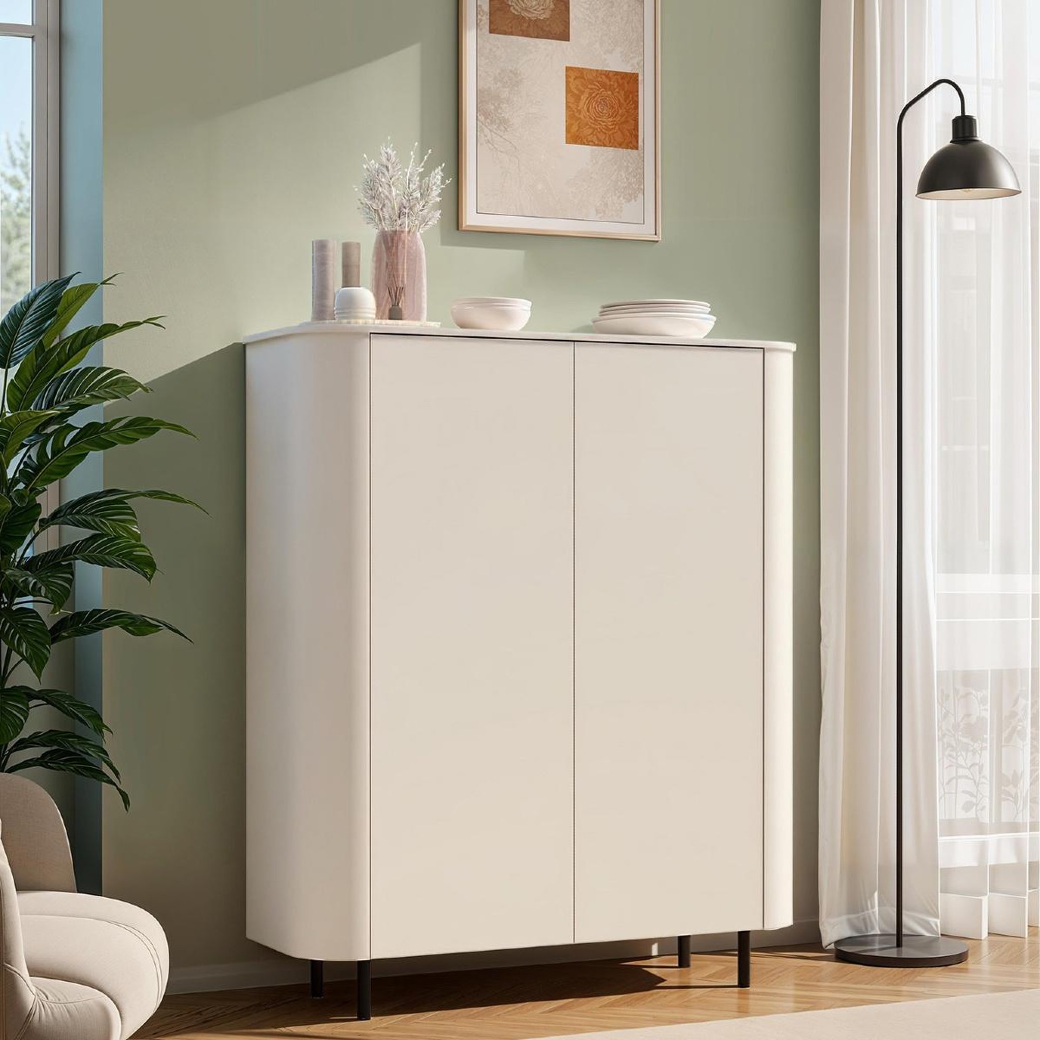 Voir la diapositive 2 : JLC KREATION Argentier-bar arrondi 2 portes beige cachemire olga