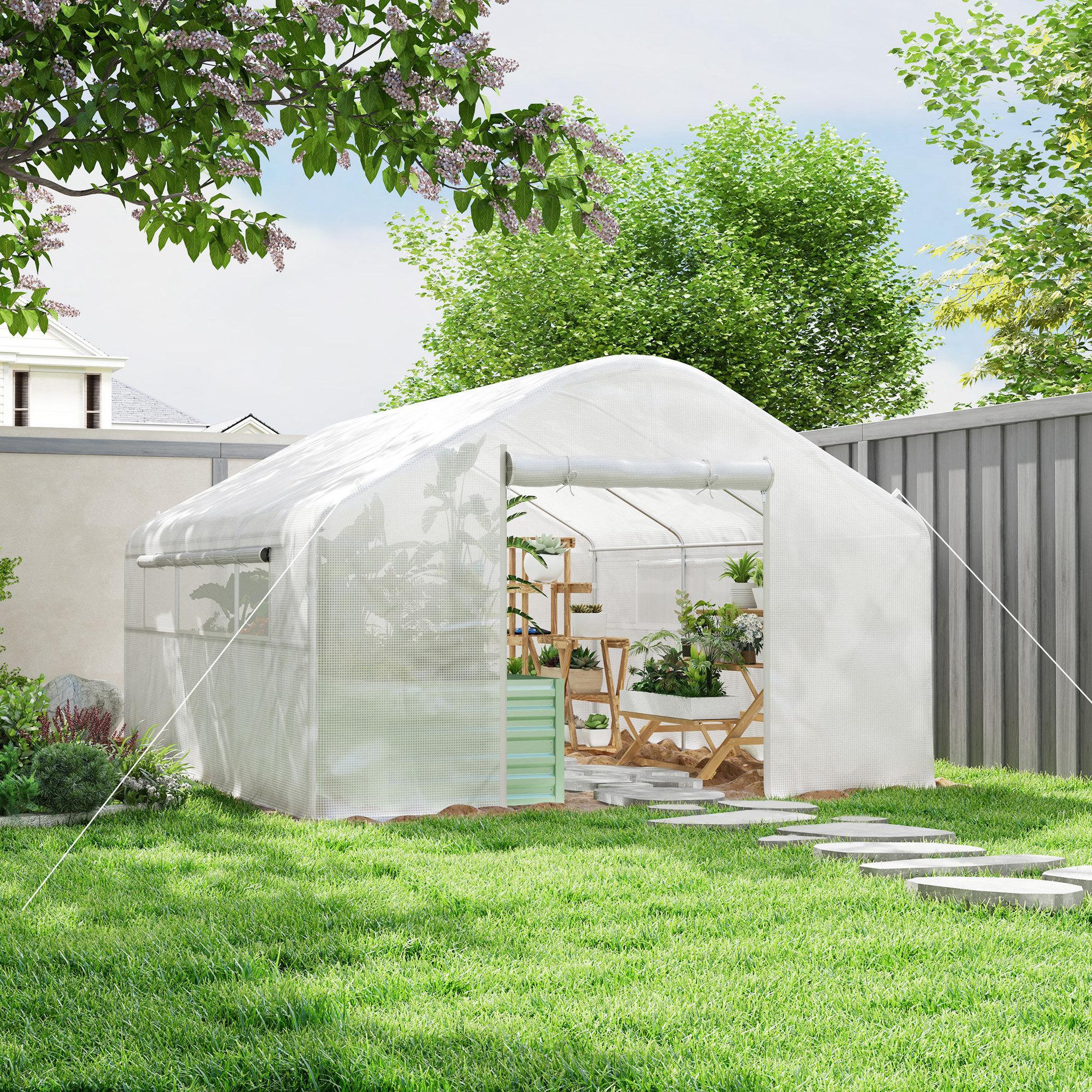 Voir la diapositive 2 : OUTSUNNY Serre de jardin 12 m² - serre tunnel 4 x 3 x 2 m porte 2 grandes fenêtres enroulables maillées acier galvanisé PE blanc