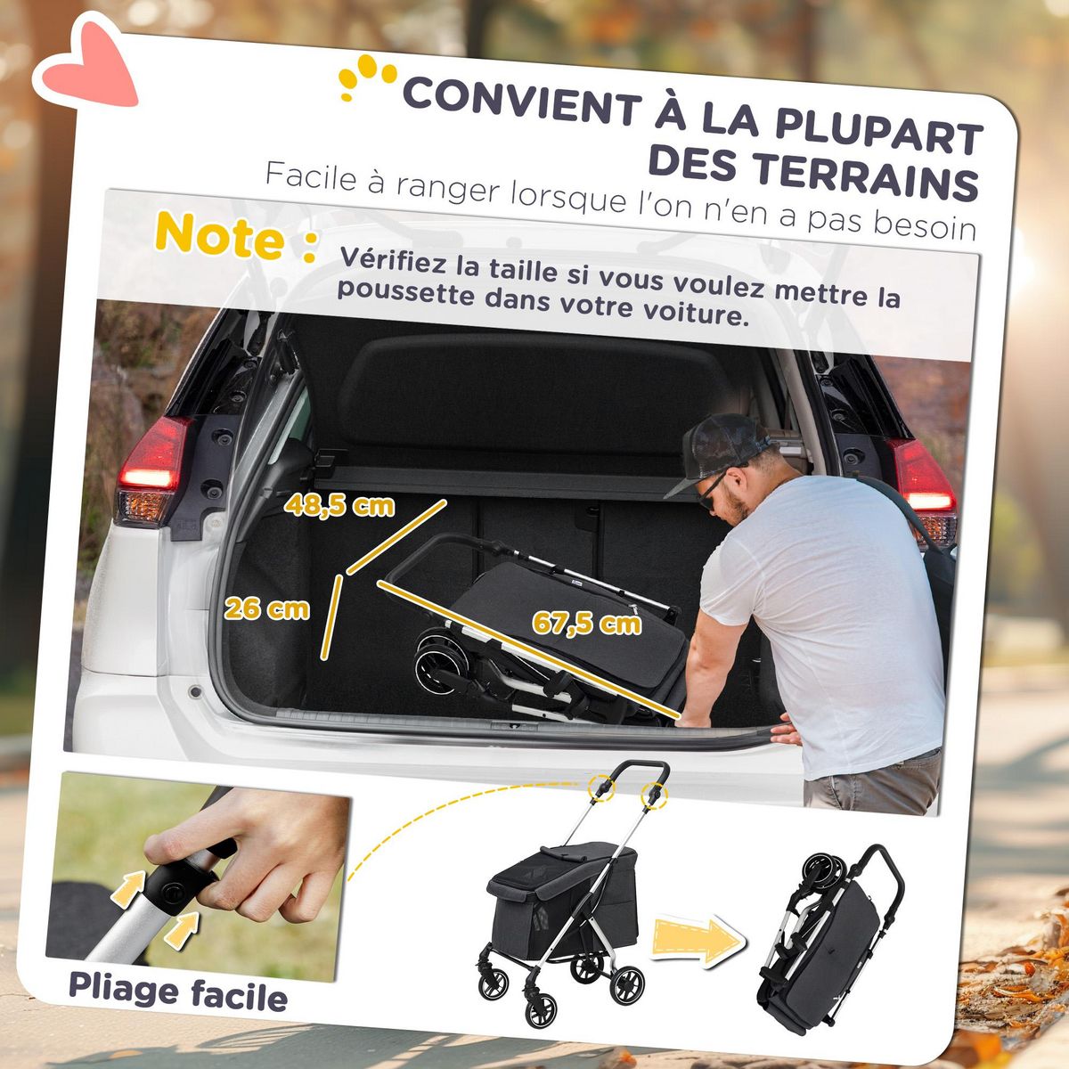 PAWHUT Poussette buggy chien 4 roues pliable - nombreux équipements - alu oxford gris