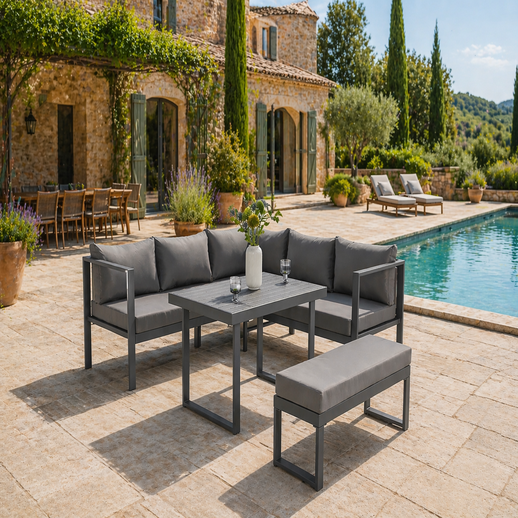 Voir la diapositive 2 : CONCEPT USINE Salon de jardin gris foncé 6 places canapé et banc marbella