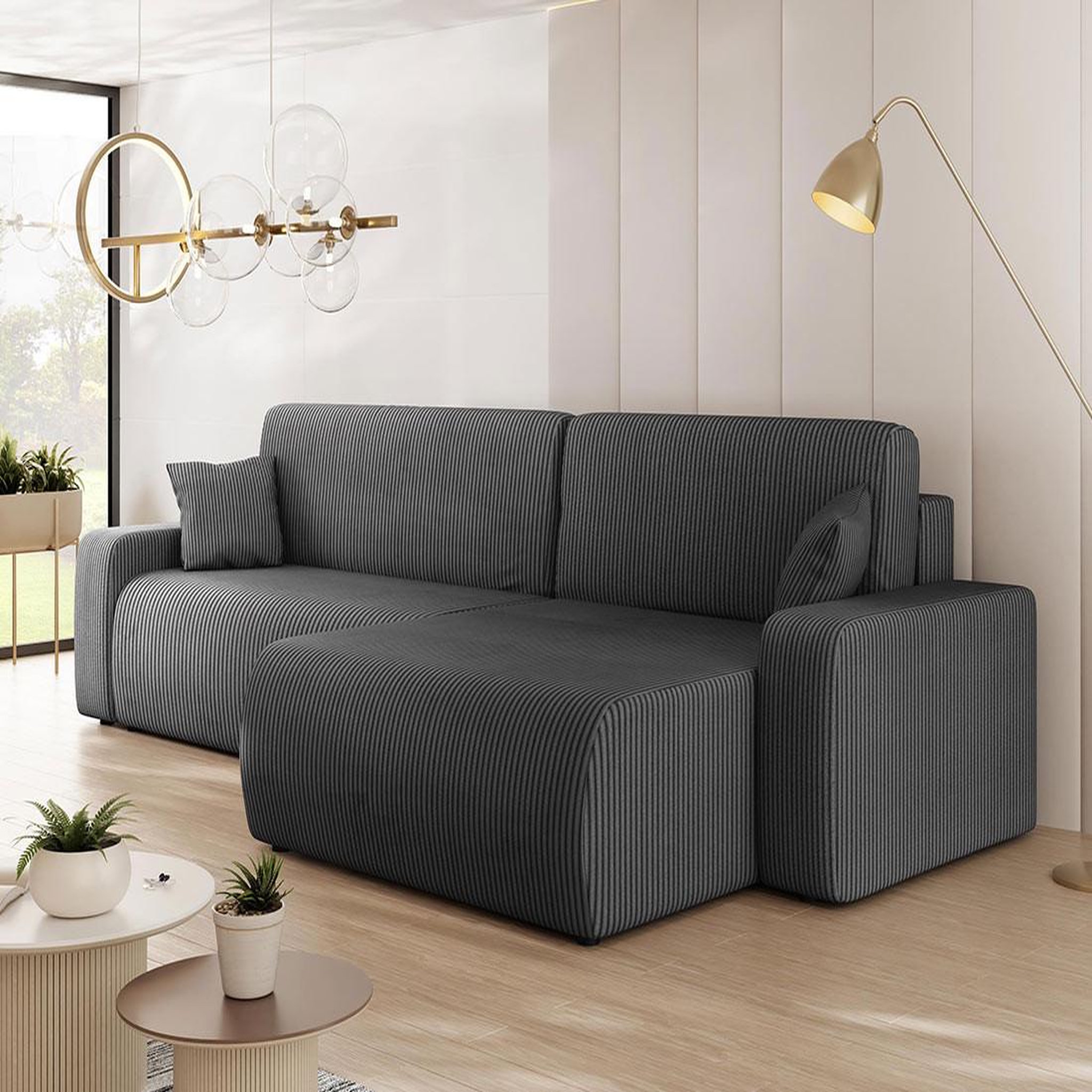 Voir la diapositive 2 : BEST MOBILIER Artemisa - canapé d'angle réversible 5 places convertible avec coffre en velours côtelé