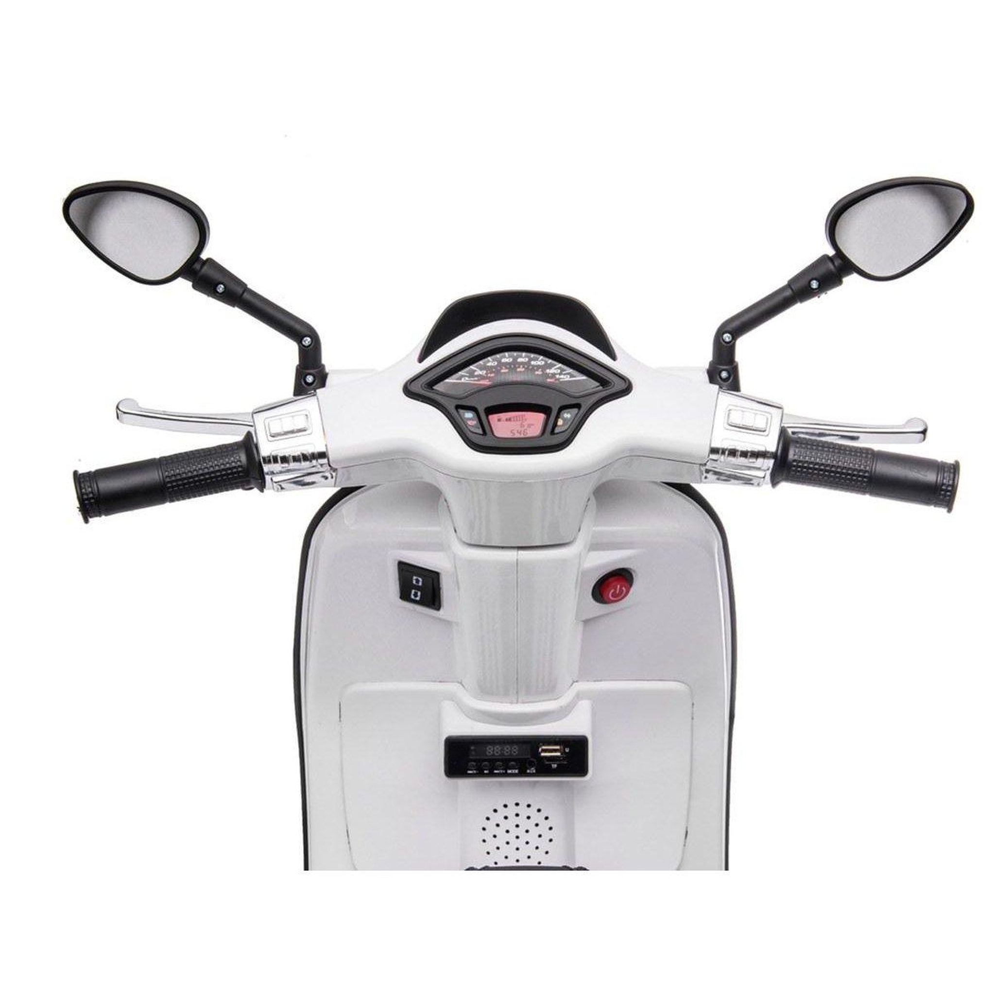 Voir la diapositive 3 : 1001JOUETS Vespa Électrique Enfant - 12V, Roulettes Stabilisatrices, Effets Sonores et Lumineux - Blanc
