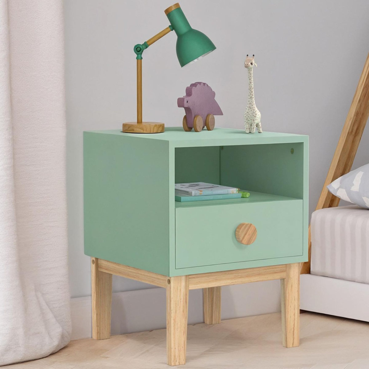 ID MARKET Table de chevet enfant JACOB 1 tiroir + 1 niche vert d'eau et bois