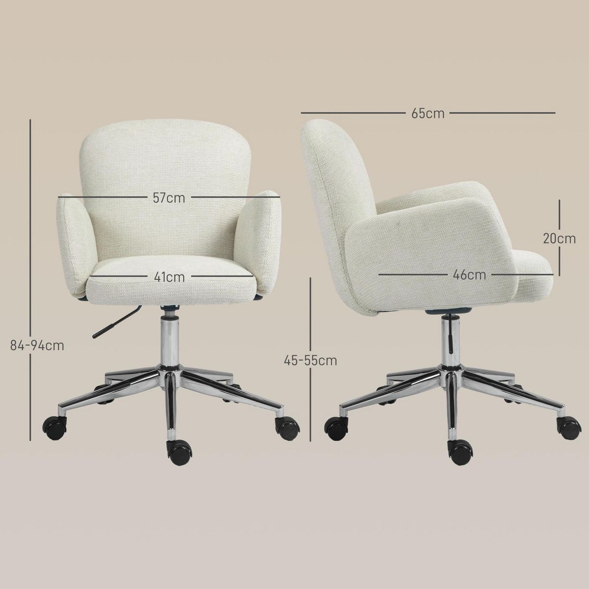 HOMCOM Chaise de bureau design ergonomique réglable pivotante piètement chromé aspect lin écru