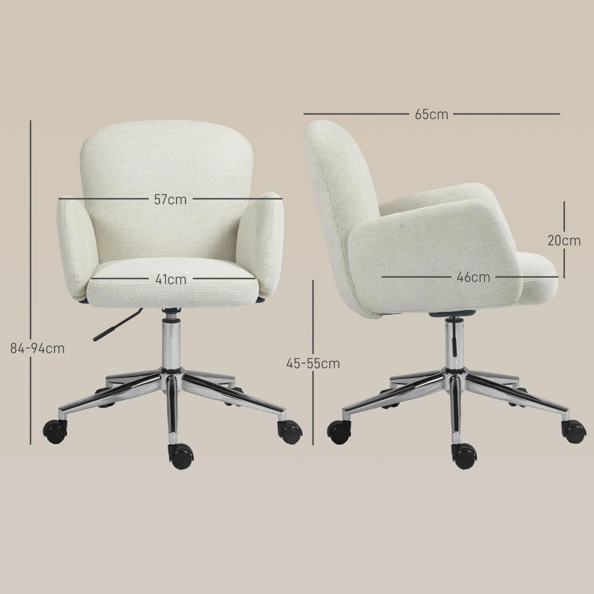 HOMCOM Chaise de bureau design ergonomique réglable pivotante piètement chromé aspect lin écru