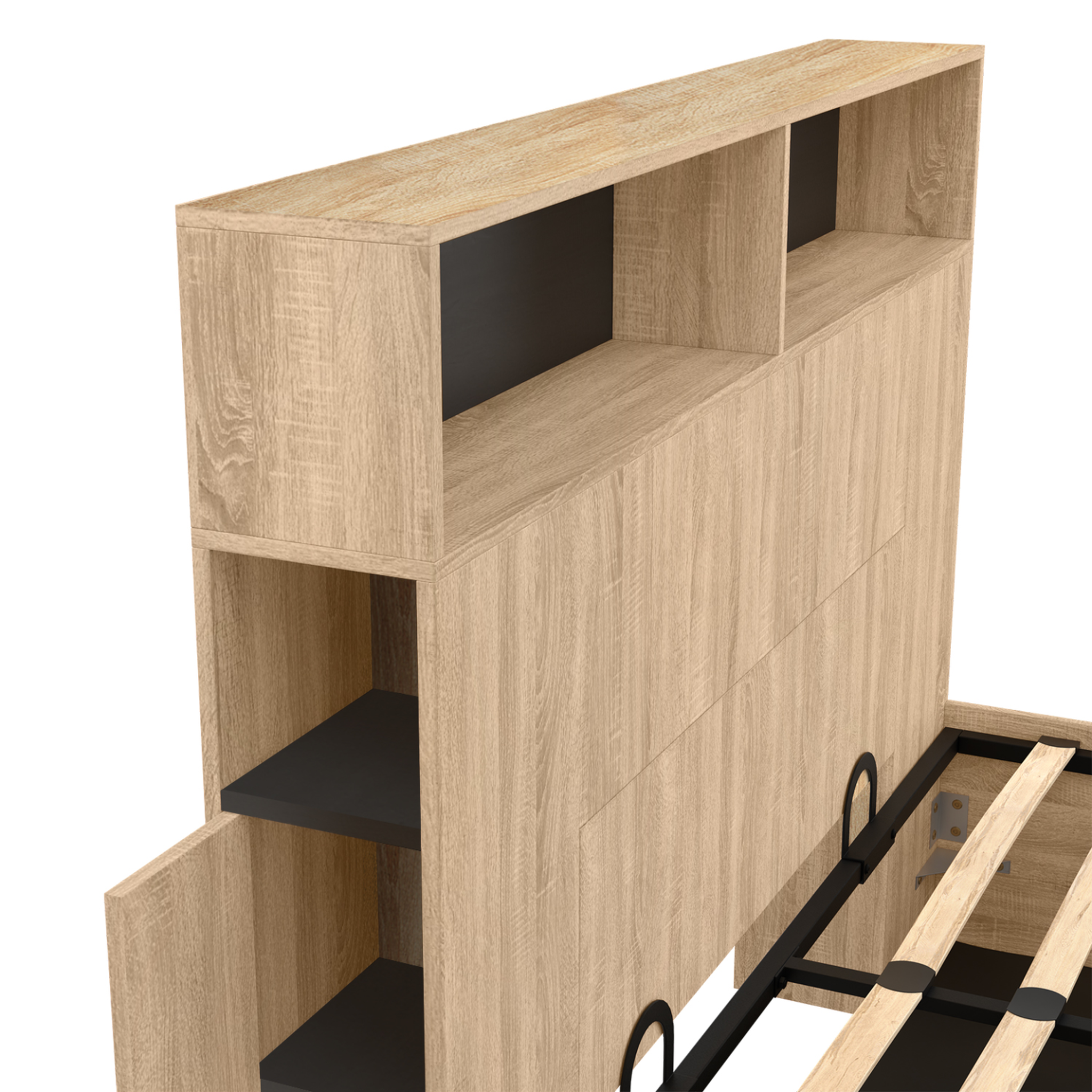 Voir la diapositive 6 : ID MARKET Lit coffre double clyde avec tête de lit + rangements et sommier 140 x 190 cm façon hêtre et noir
