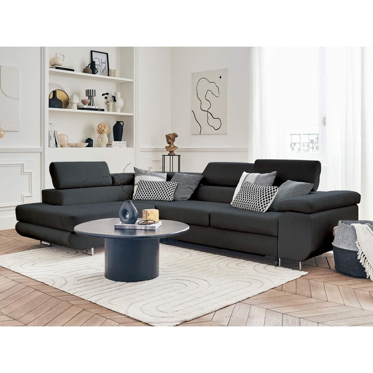 BEST MOBILIER Pablo - canapé d'angle gauche - 5 places - convertible avec coffre et têtières réglables - en velours