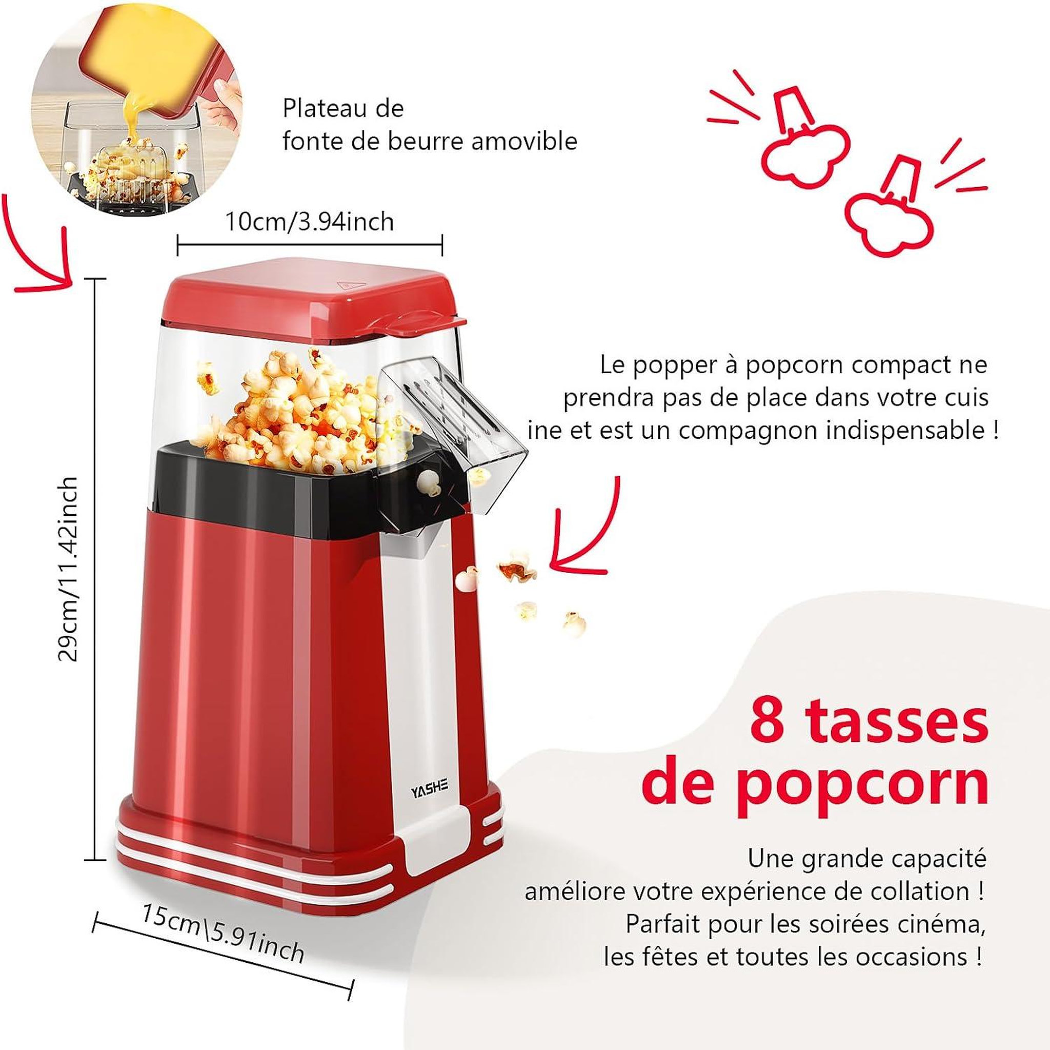Voir la diapositive 5 : YASHE Machine à pop-corn 1200 W, air chaud, rouge