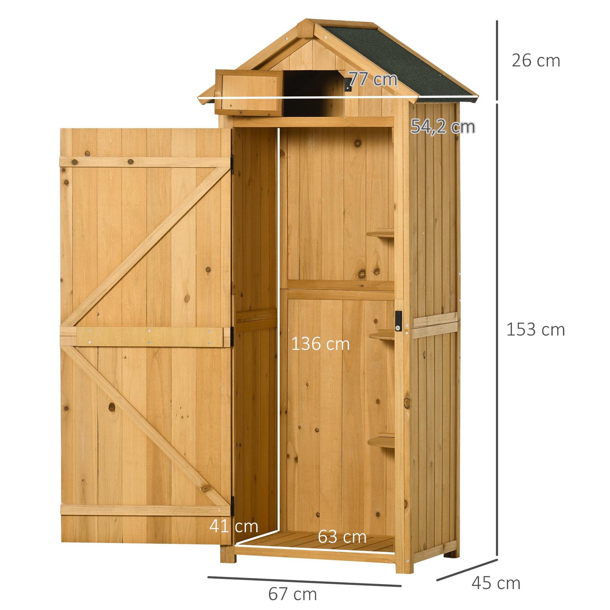 Voir la diapositive 3 : OUTSUNNY Armoire abri de jardin remise pour outils 3 étagères 2 portes loquets toit pente bitumé 77L x 54l x 179H cm sapin traité lasuré