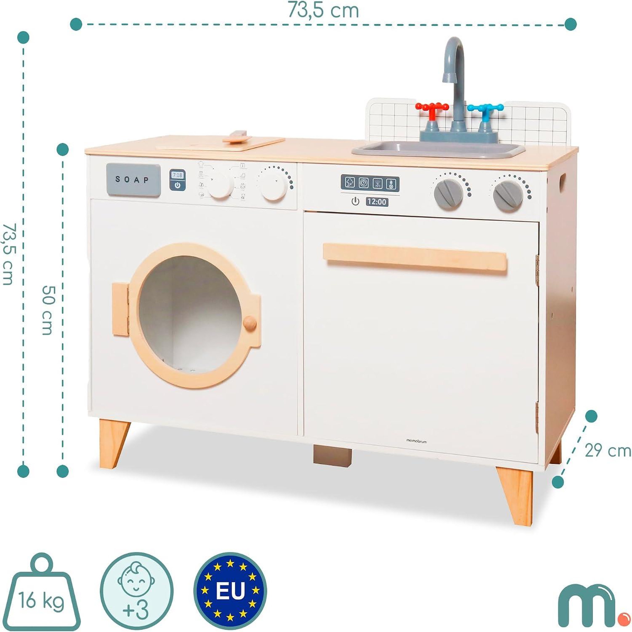 Voir la diapositive 3 : MAMABRUM Cuisine enfant & buanderie en bois - avec lave-linge, évier et accessoires 73,5*29*67 cm