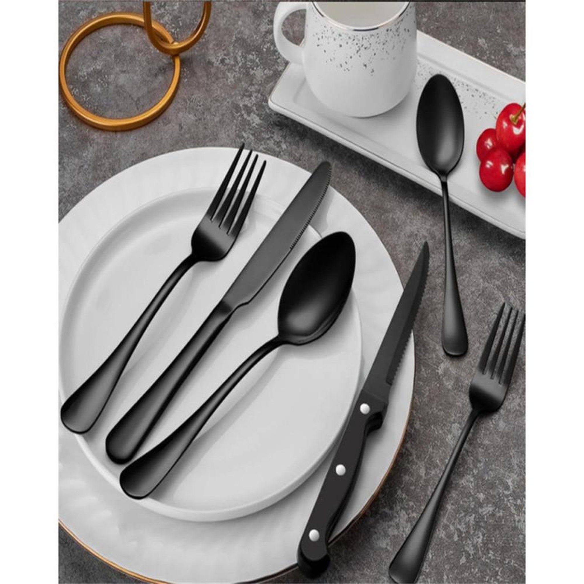 Voir la diapositive 2 : Ensemble de couverts 24 pièces pour 6 personnes en acier inox 304 noir mat, finition antidérapante