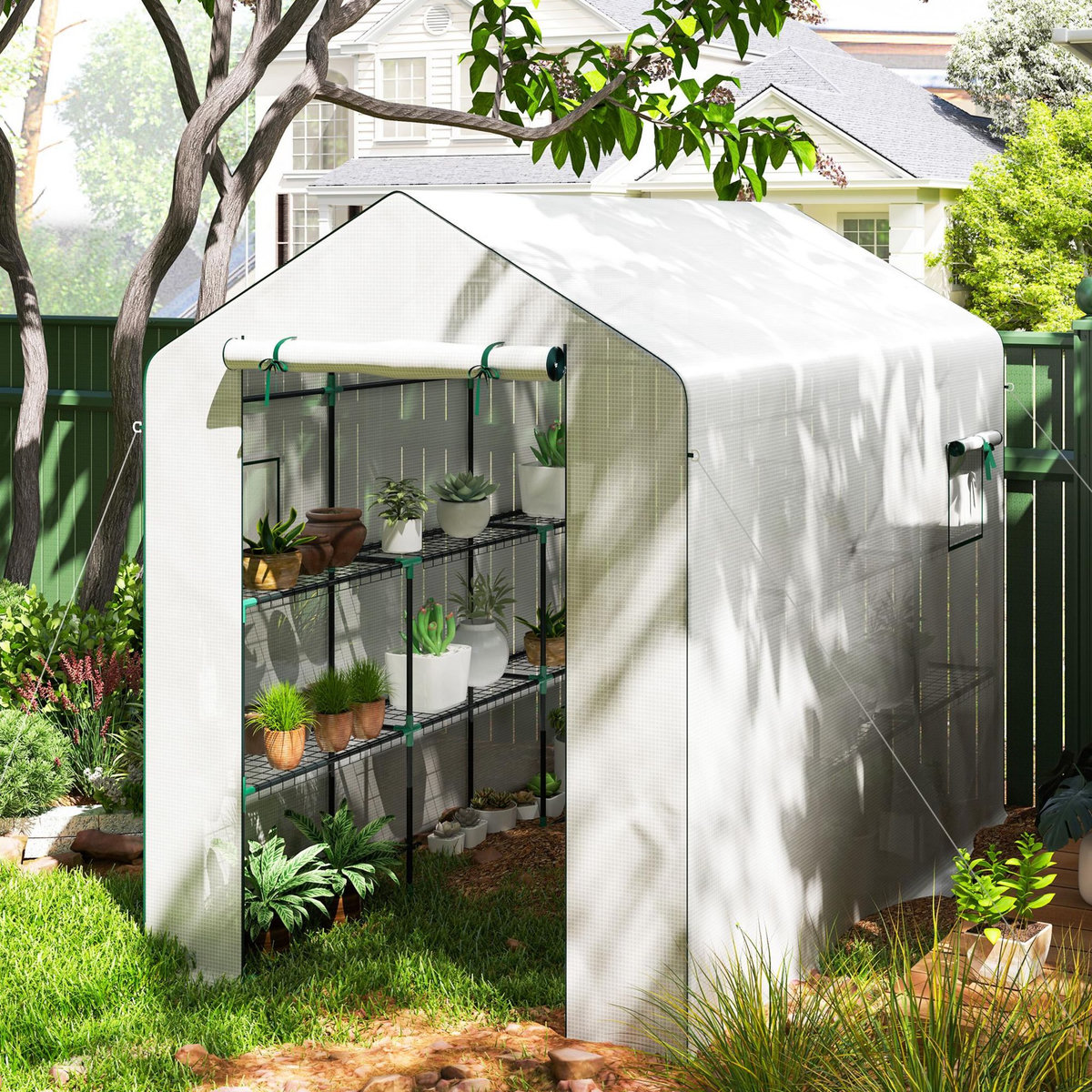 OUTSUNNY Serre de jardin 4 étagères - porte enroulable zippée, 2 fenêtres - 143 x 215 x 190 cm - acier vert PE blanc