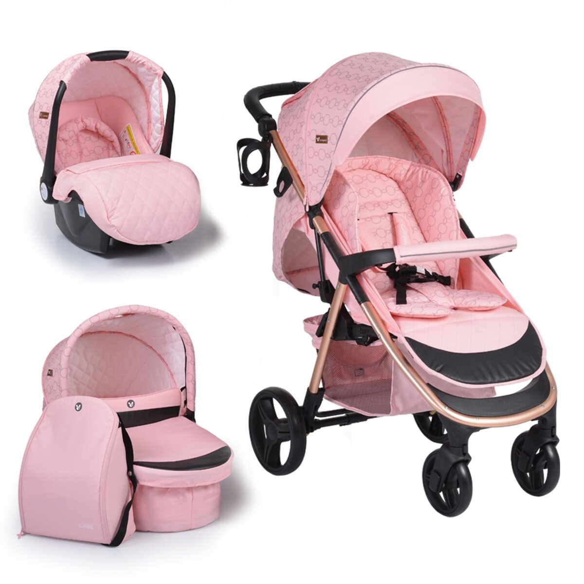 Cangaroo Poussette combinée trio 3 en 1 avec siège auto Noble Cangaroo rose  pas cher 