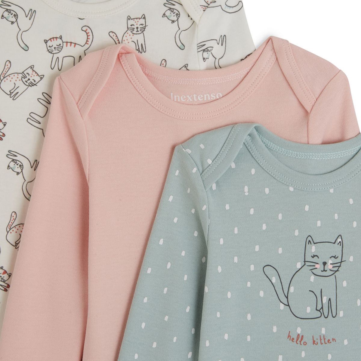 INEXTENSO Lot de 3 bodies manches longues chat bébé fille