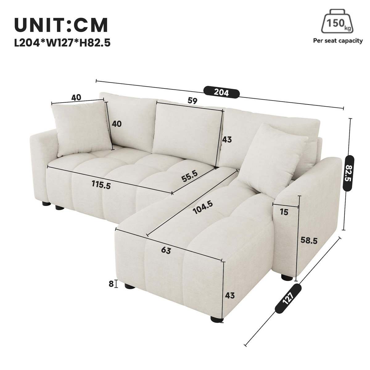 MERAX Canapé d'angle réversible fixe 3 places tissu