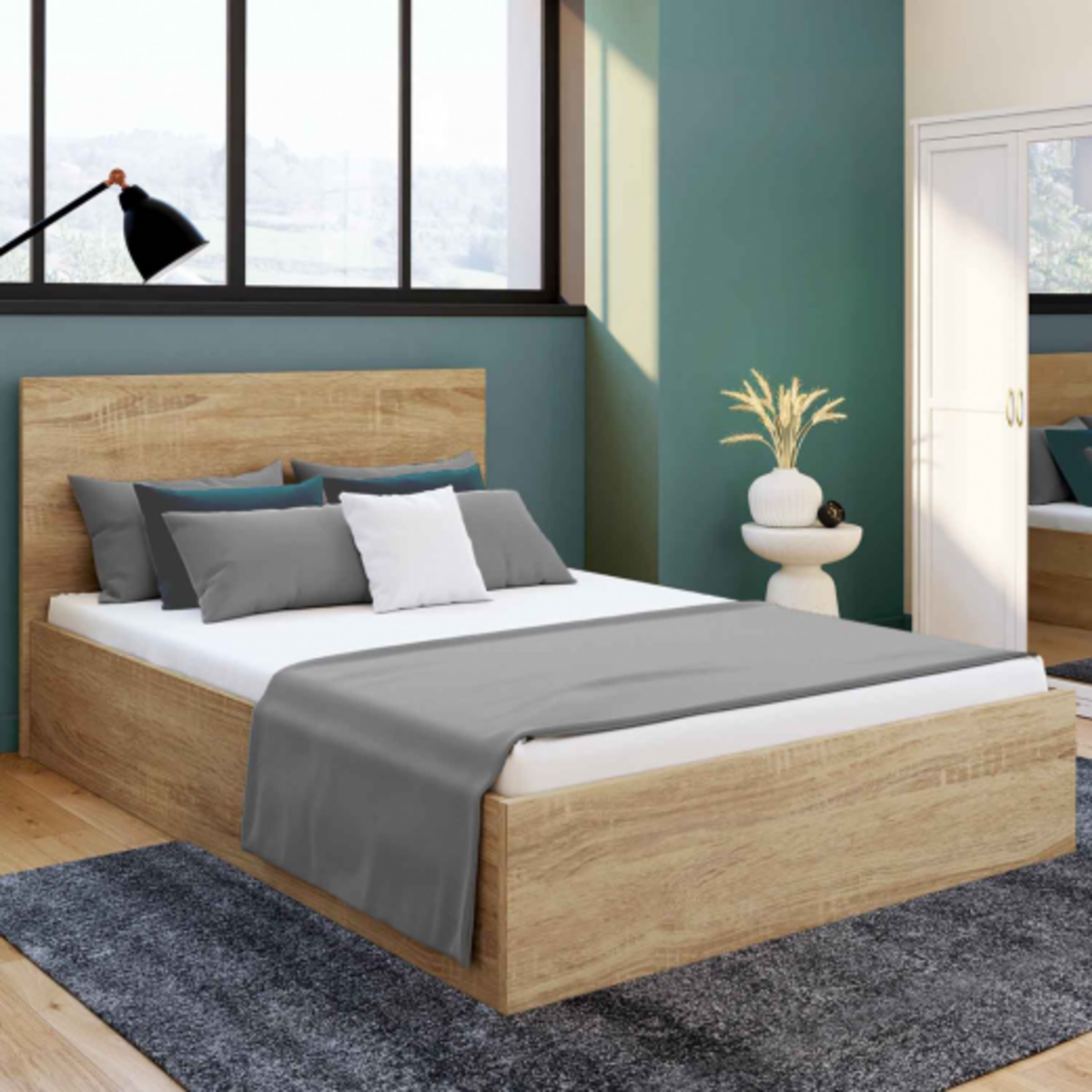 ID MARKET Lit coffre double SEASIDE avec tête de lit et sommier 160 x 200 cm façon hêtre