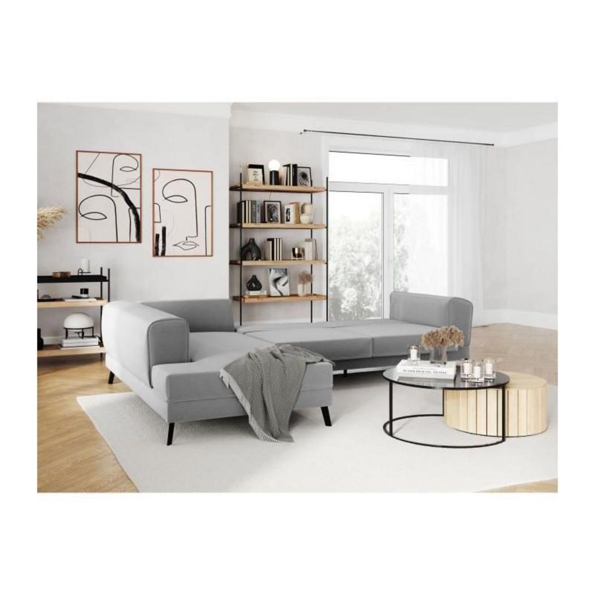 LOUNGITUDE Canapé d'angle gauche convertible IMPERIAL 5 places - Tissu gris clair - 2 coffres de rangement - L304 x P212 x H86 cm