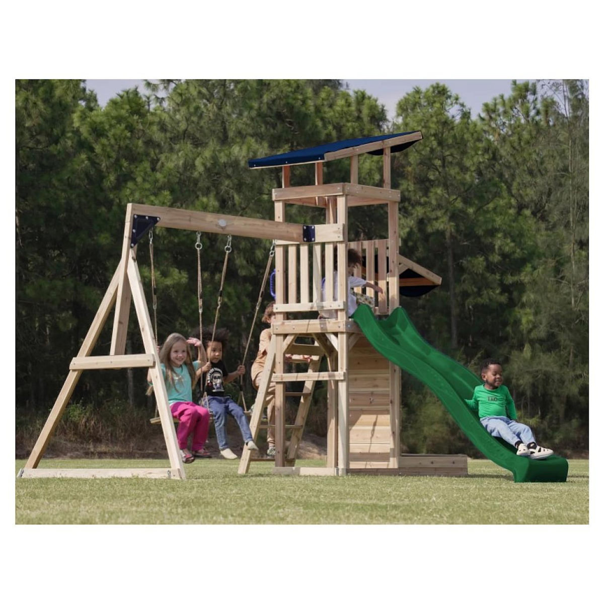 Axi House Portique Malik 2 balançoires + mur toboggan vert