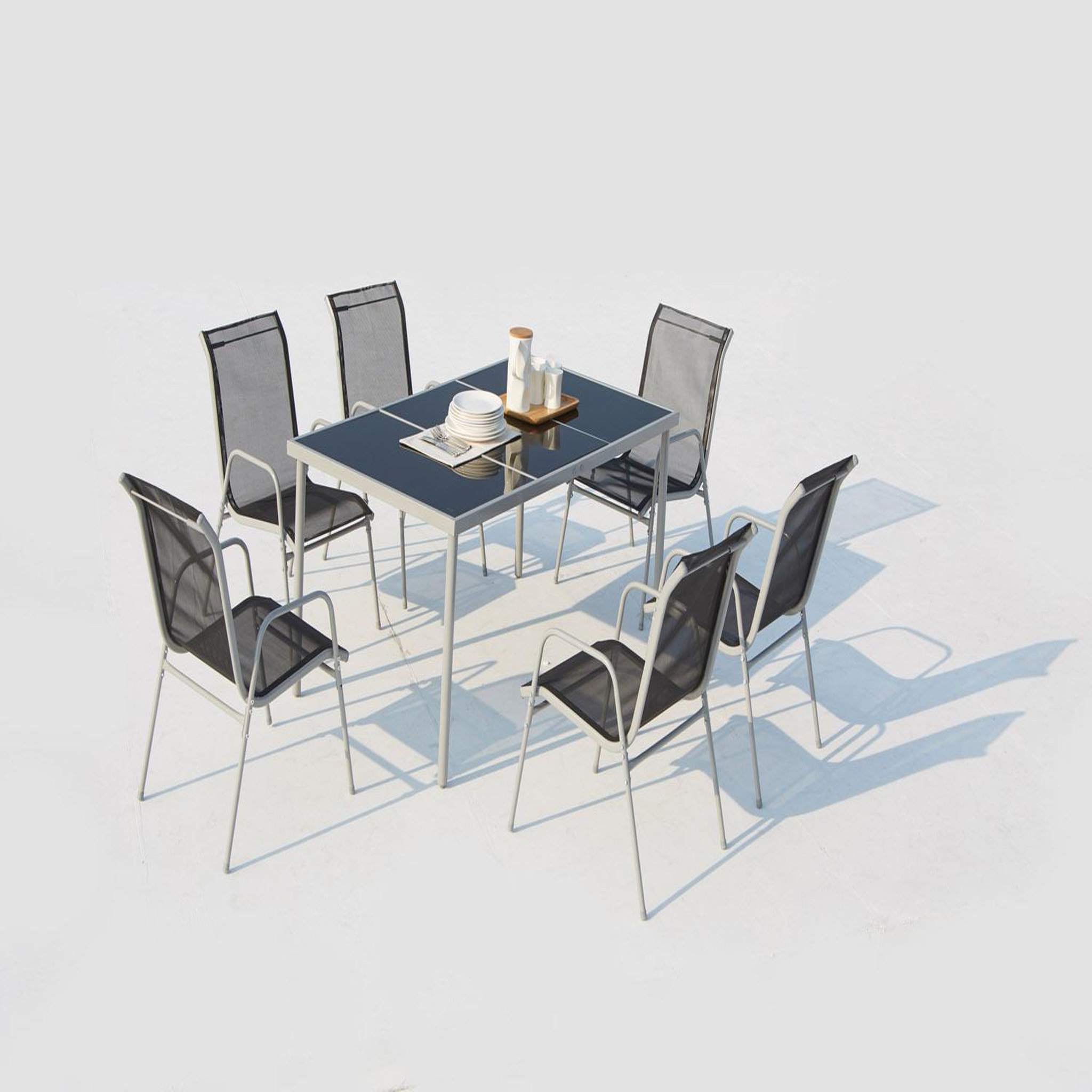 Voir la diapositive 2 : CONCEPT USINE Table de jardin et 6 chaises en acier et toile pvc gris lusiana