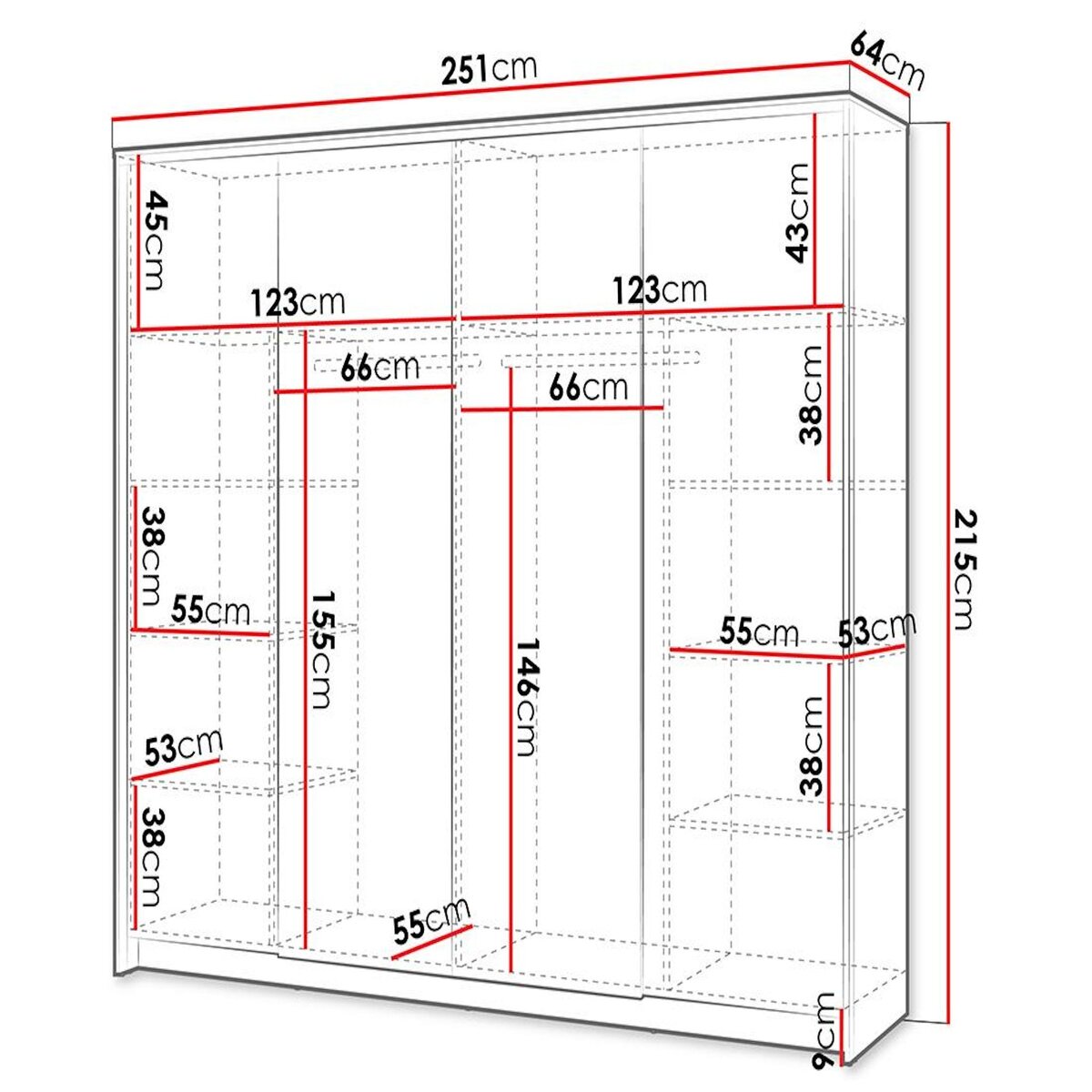 BEST MOBILIER Kimi - armoire - 4 portes - led et miroirs inclus - 251x215 cm