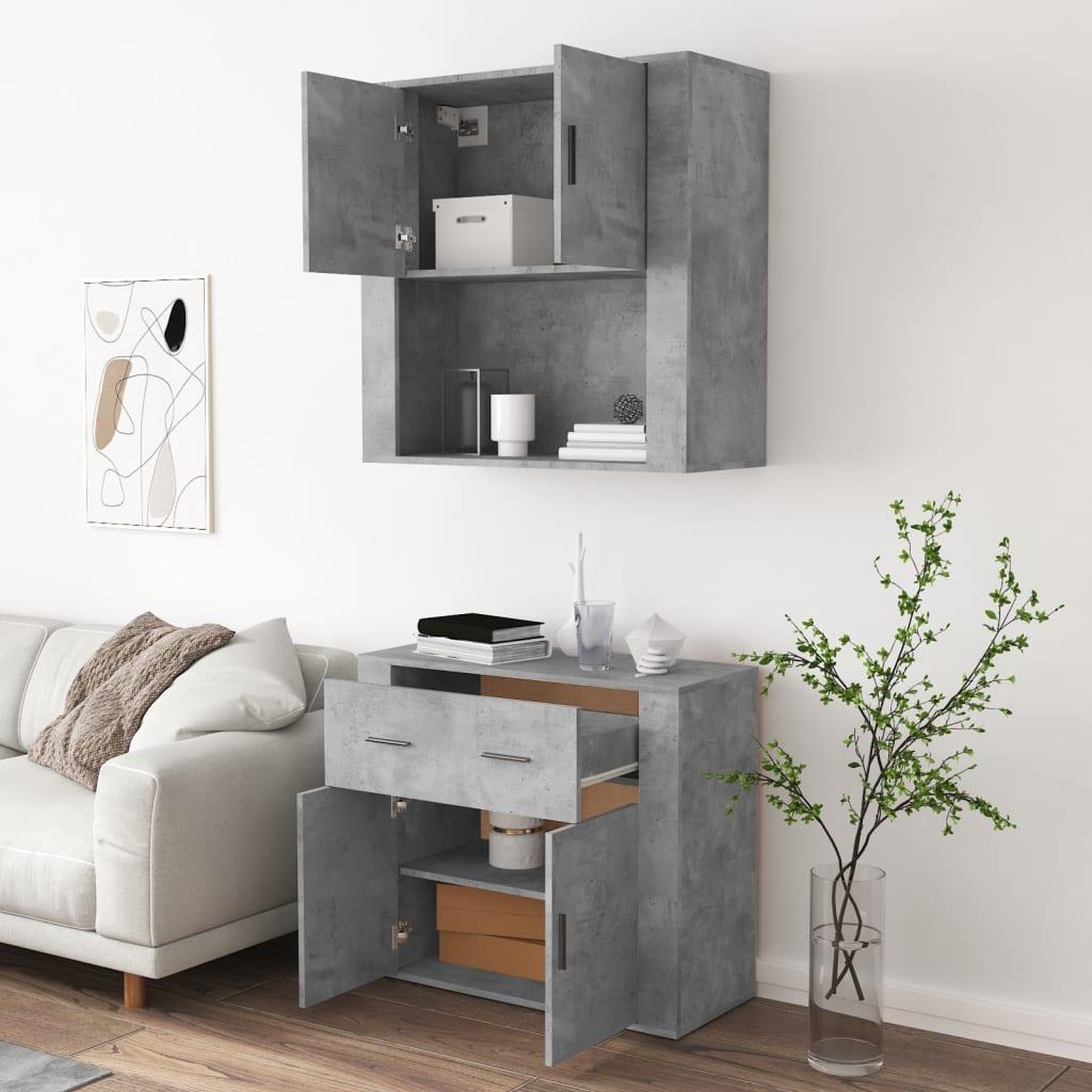 Voir la diapositive 5 : VIDAXL Buffet haut Gris beton Bois d'ingenierie