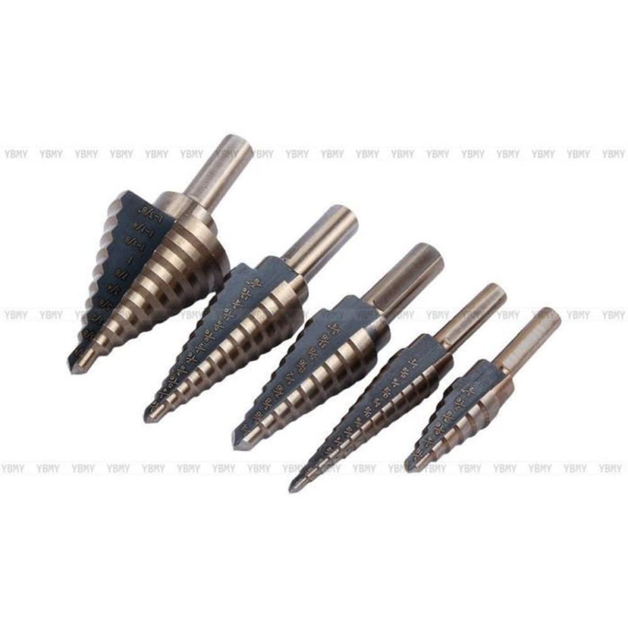 Voir la diapositive 3 : Coffret 5 forets coniques HSS acier avec revêtement titane et queue hexagonale