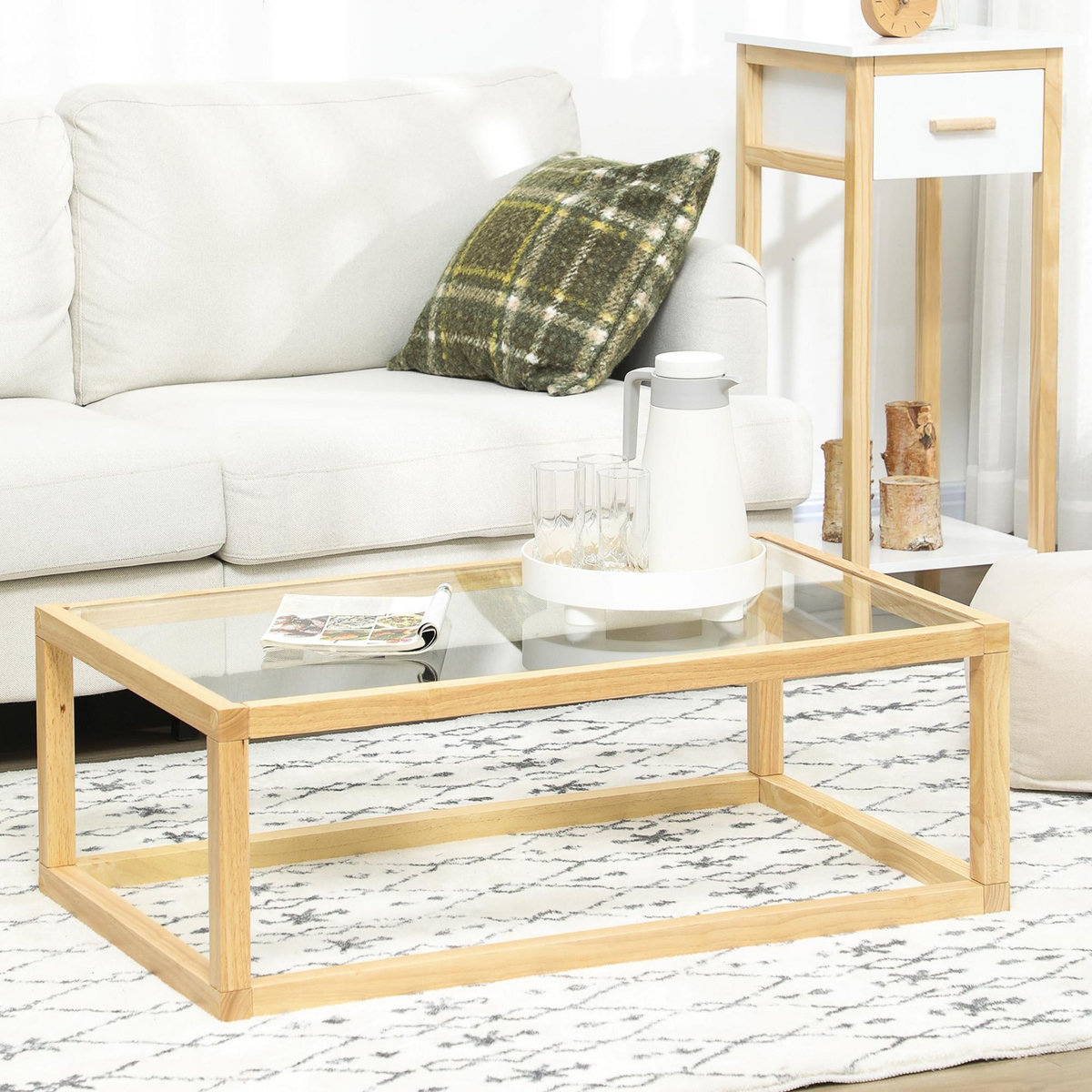 HOMCOM Table basse design contemporain plateau verre trempé structure piètement bois d'hévéa