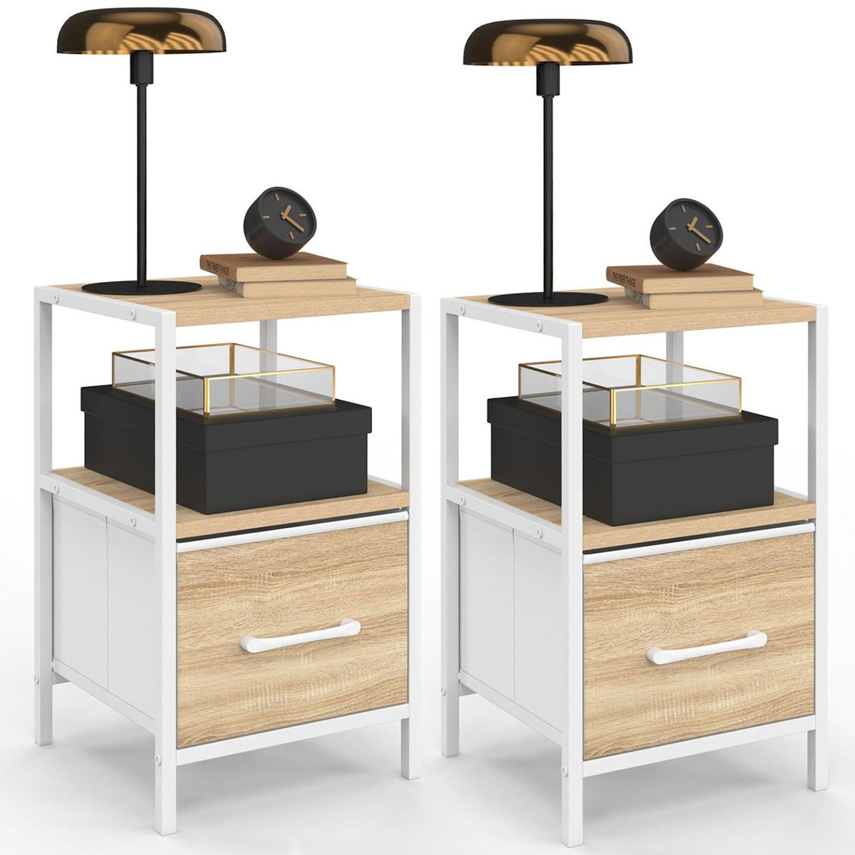 ID MARKET Lot de 2 tables de chevet UTAH 1 tiroir et 1 niche bois et blanc